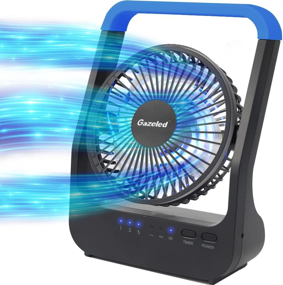 Gazeled Battery Operated Fan,Camping Fan, Super Long Lasting, Portable D-Cell Battery Powered Desk Fan with Timer,3 Speeds, Quiet, 180° Rotation,Cooling Fan for Bedroom,Home,Office,Outdoor, 5'',Blue