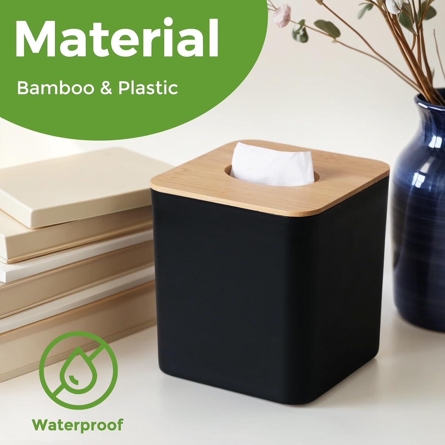 Tissue Box Cover Square, Black Tissue Box Holder with Bamboo Cover Plate, Cube Tissue Box Cover for Desk Accessories, Tissue Holders Decorative Square Tissue Box Tissue Holders for Bathrooms Bedrooms