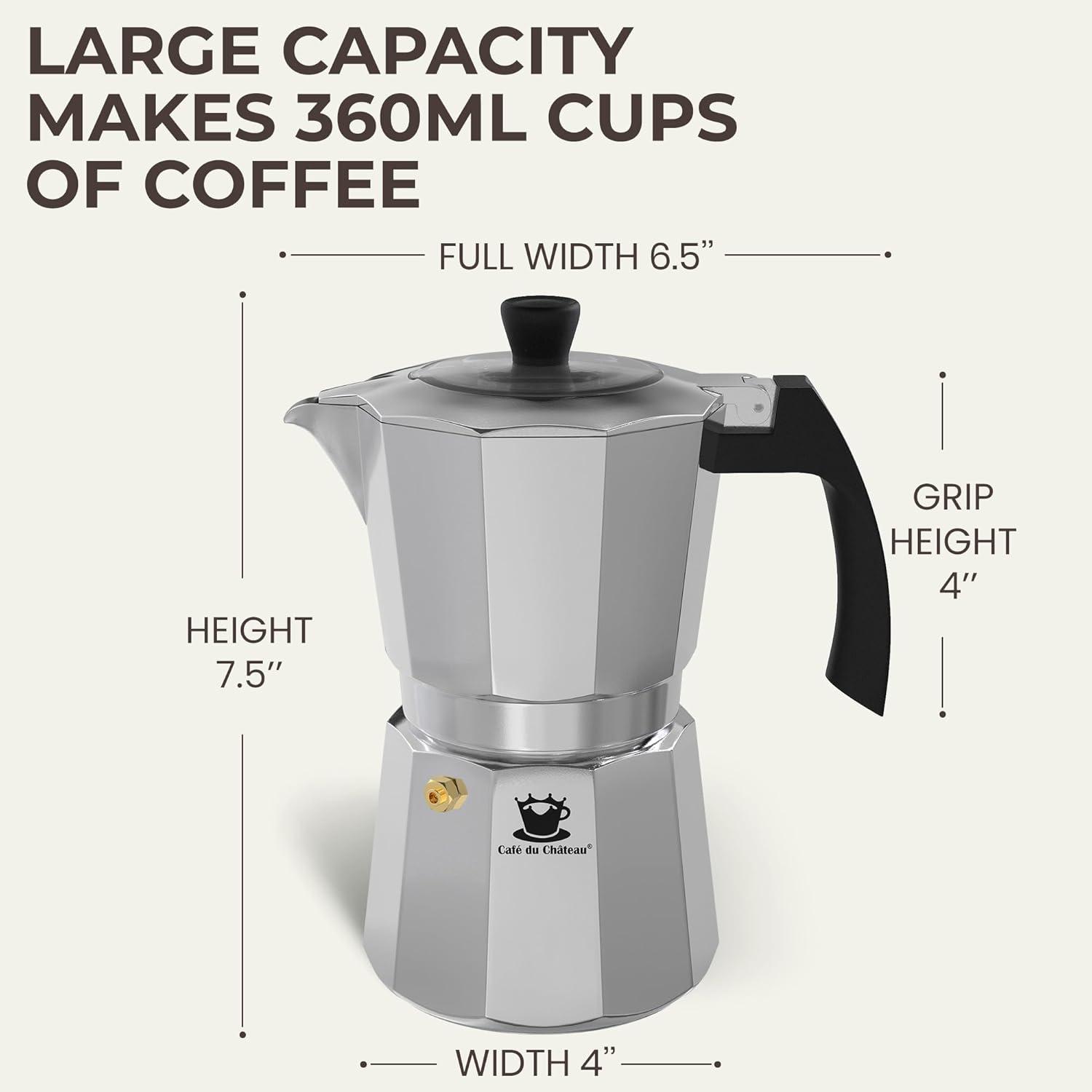 Espresso Maker by Cafe Du Chateau (313.5ml) Transparent Top Lid, High Gloss Finish, Free Coffee Clip Spoon, Coffee Percolator