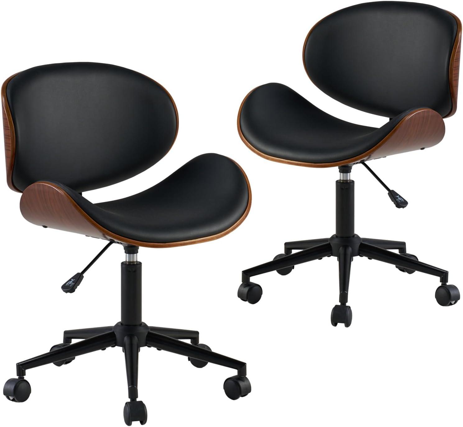 Black PU Leather Swivel Armless Office Chairs with Wood Accents, Set of 2