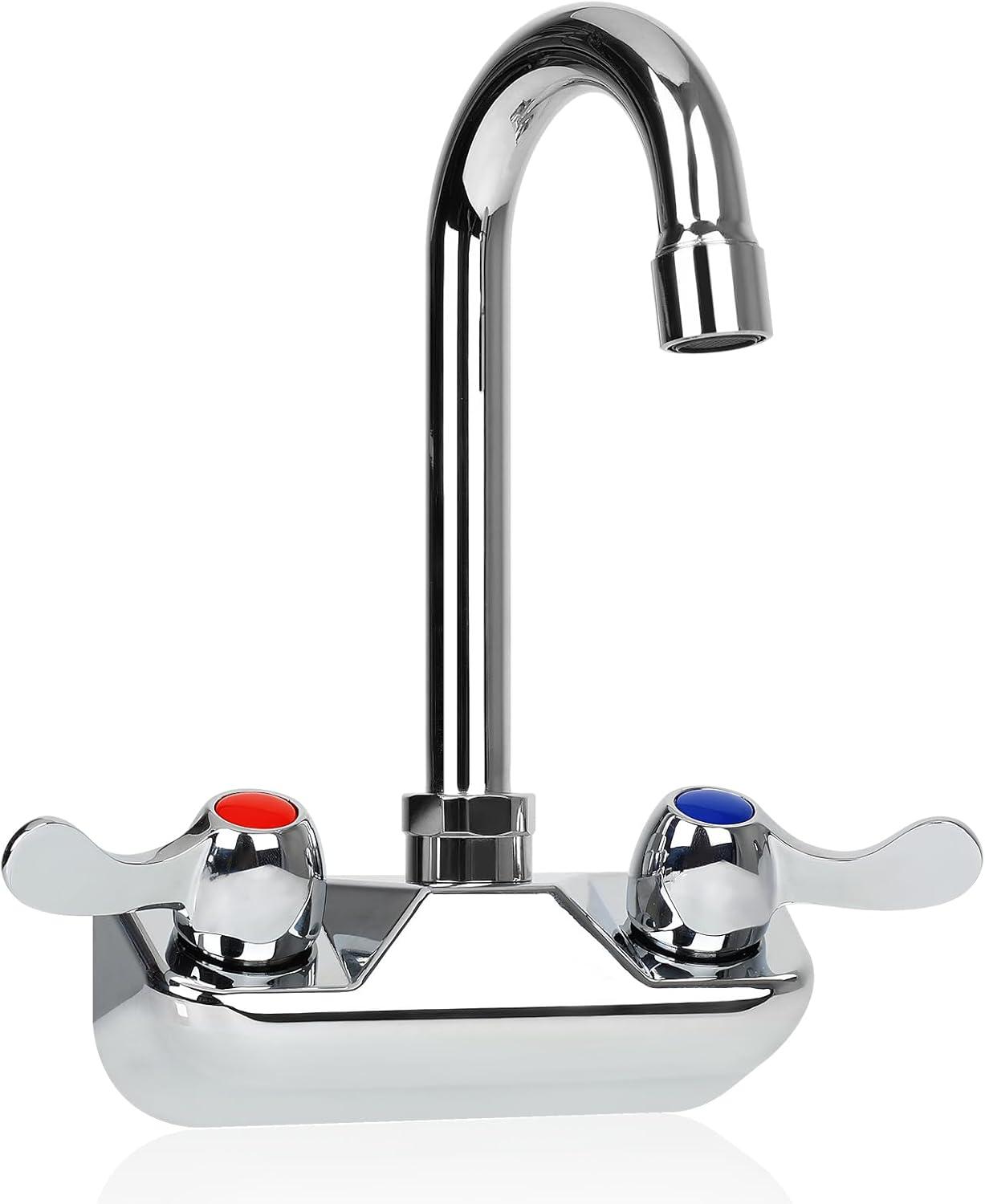 KWODE 4 Inch Center Commercial Hand Sink Faucet with 3-1/2”Gooseneck Spout, Dual Lever Handle Wall Mount Kitchen Sink Faucet, Brass Constructed, Chrome