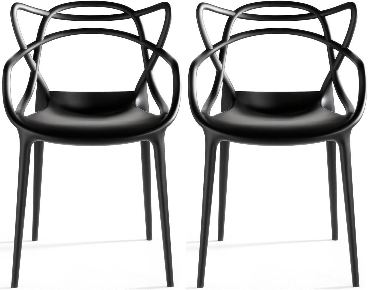2xhome Set of 2 Modern Dining Chairs | Stackable Indoor or Outdoor Entangled Side Chair | Weather Resistant Plastic for Kitchen, Patio, Restaurant, Yard, Porch, Balcony, Black