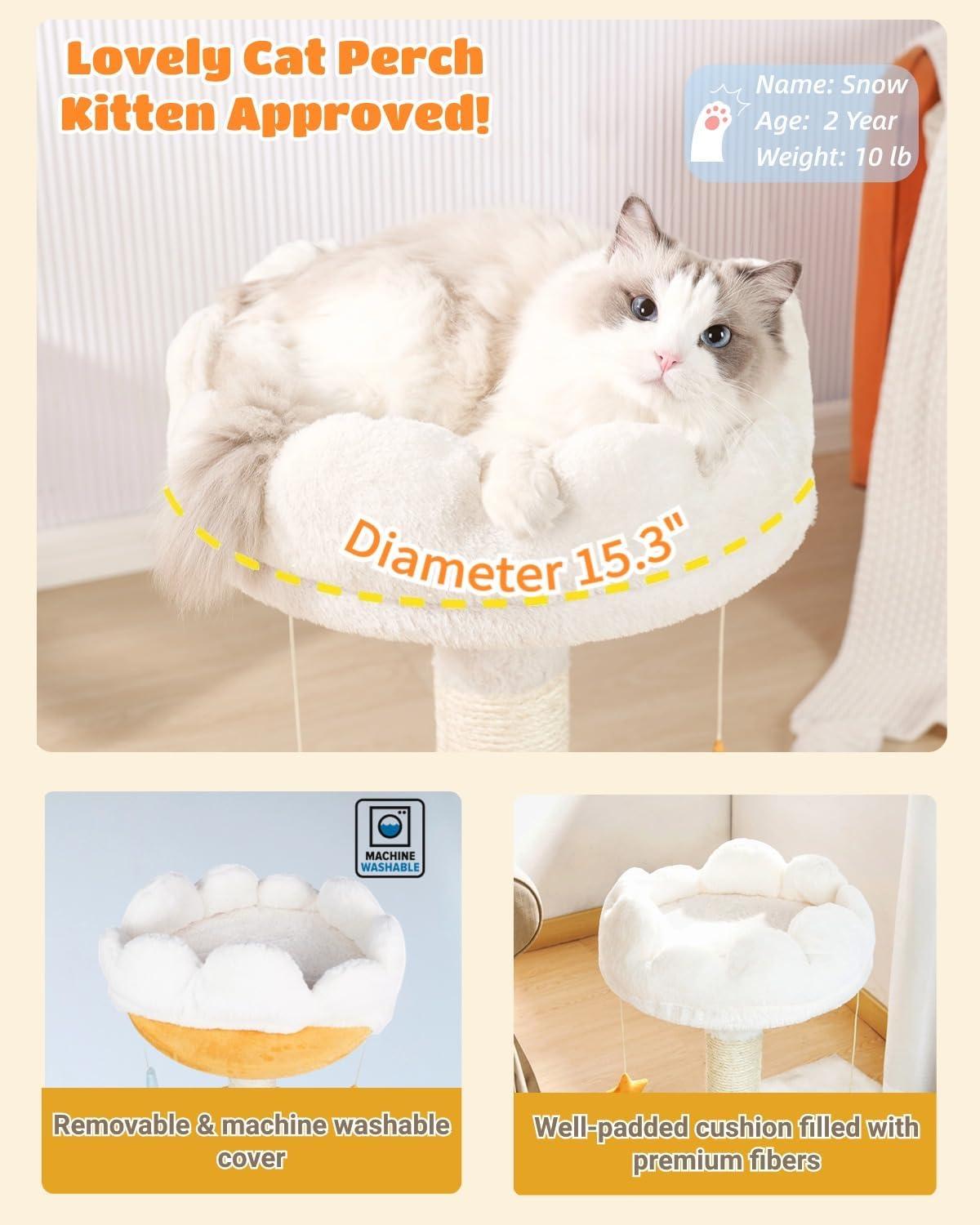 Happi N Pets 28" Large Cloud Cat Scratching Post with Bed(Ø15.3in), Cat Tree Tower for Indoor Cats, Tall Scratch Post with Natural Sisal Ropes & Soft Plush Perch, Removable Cover & Enhanced Base