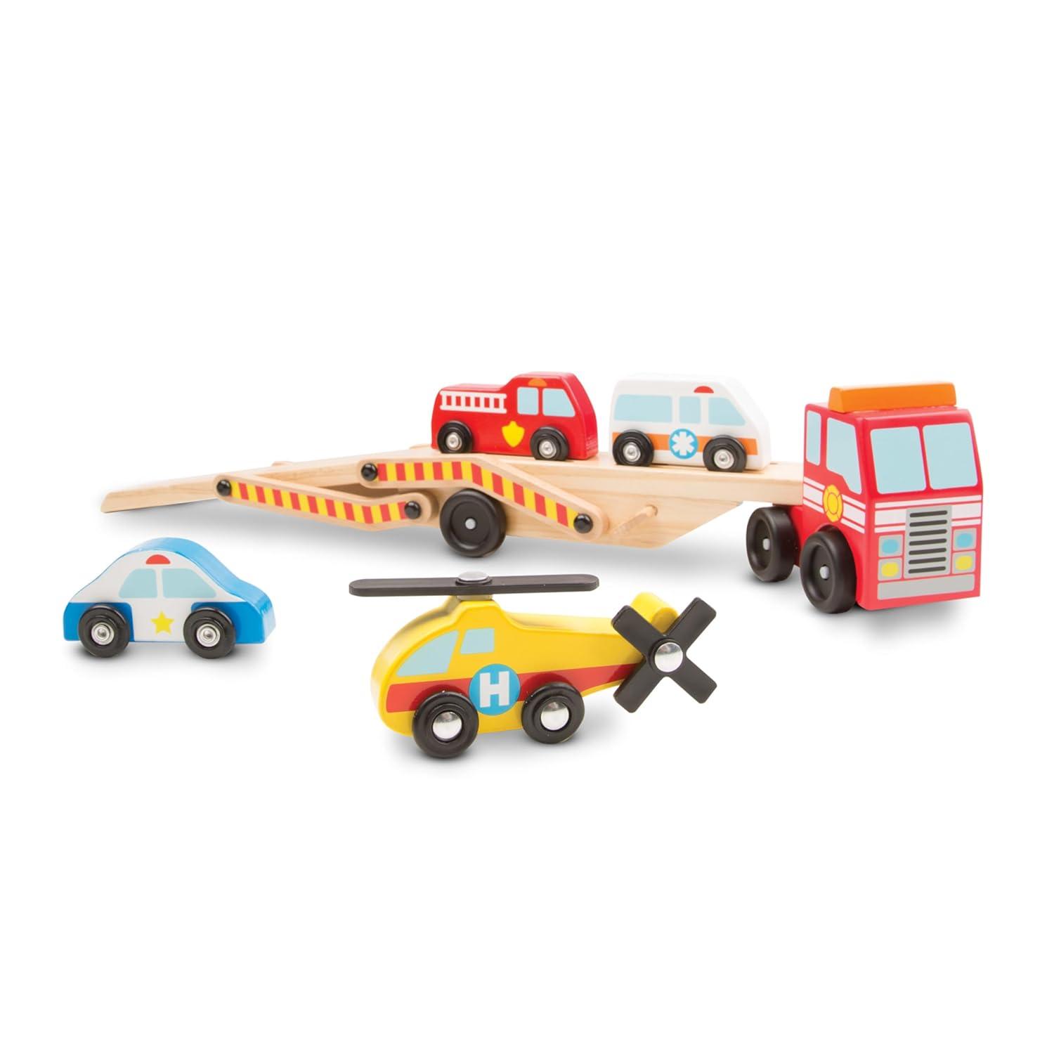 Melissa & Doug Emergency Vehicle Carrier Wooden Truck With 4 Rescue Vehicles