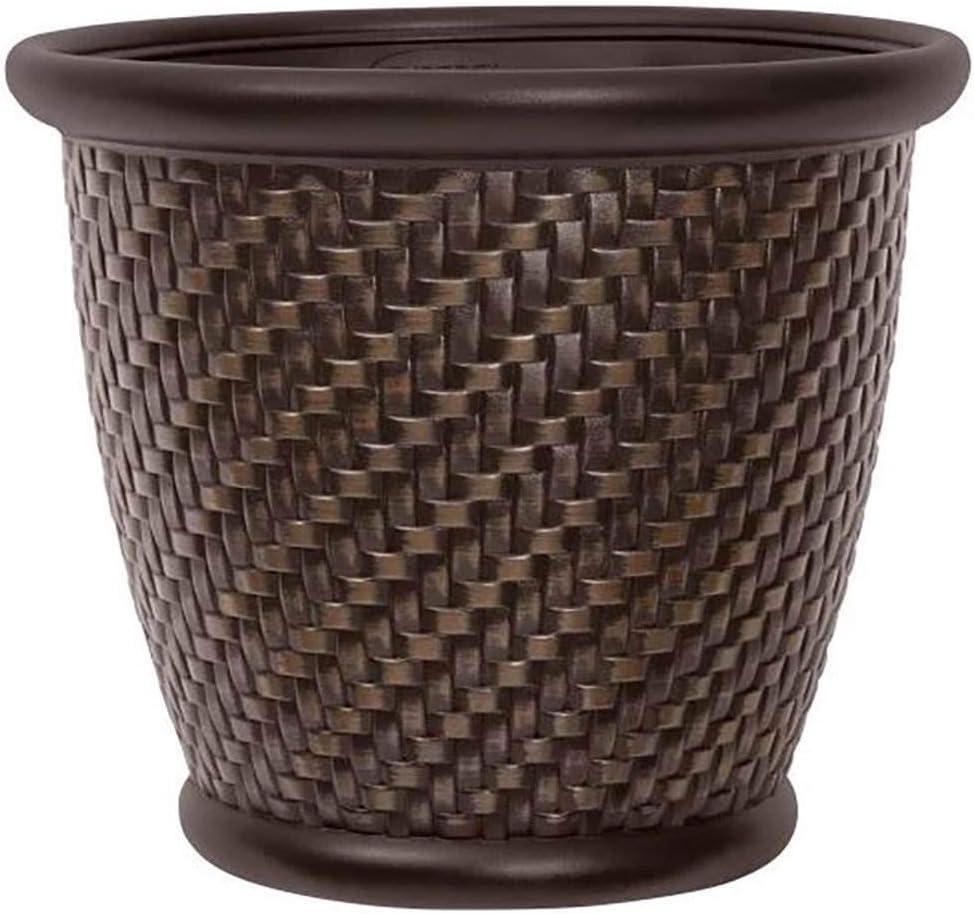 Contemporary Herringbone Resin Wicker Planter, Dark Brown, 18"