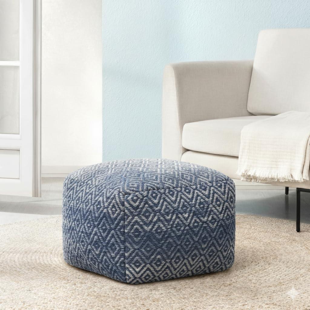 Chero Distressed Diamond 22" Square Pouf Ottoman Blue and Beige