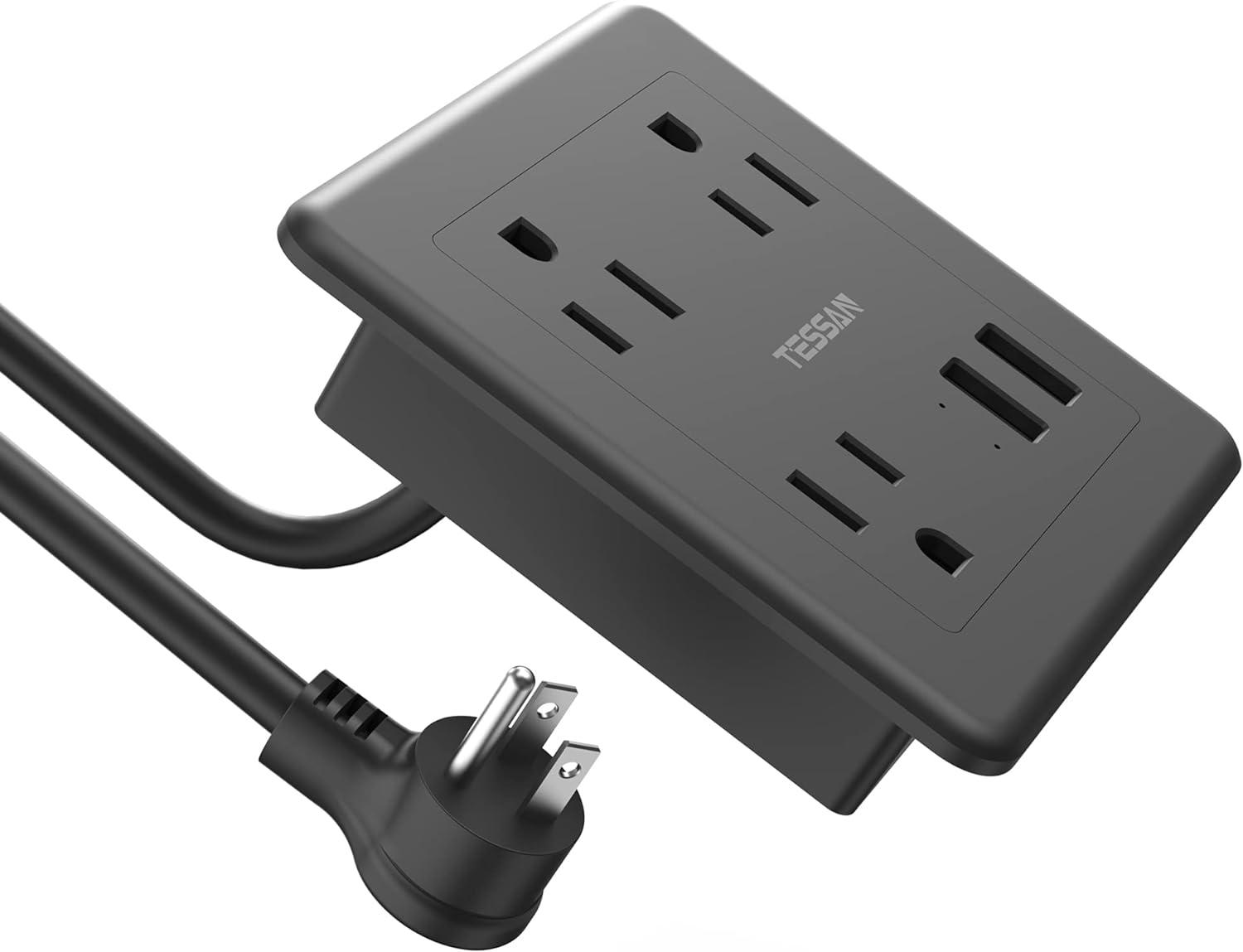 Black Recessed Power Strip with USB Ports and Surge Protector