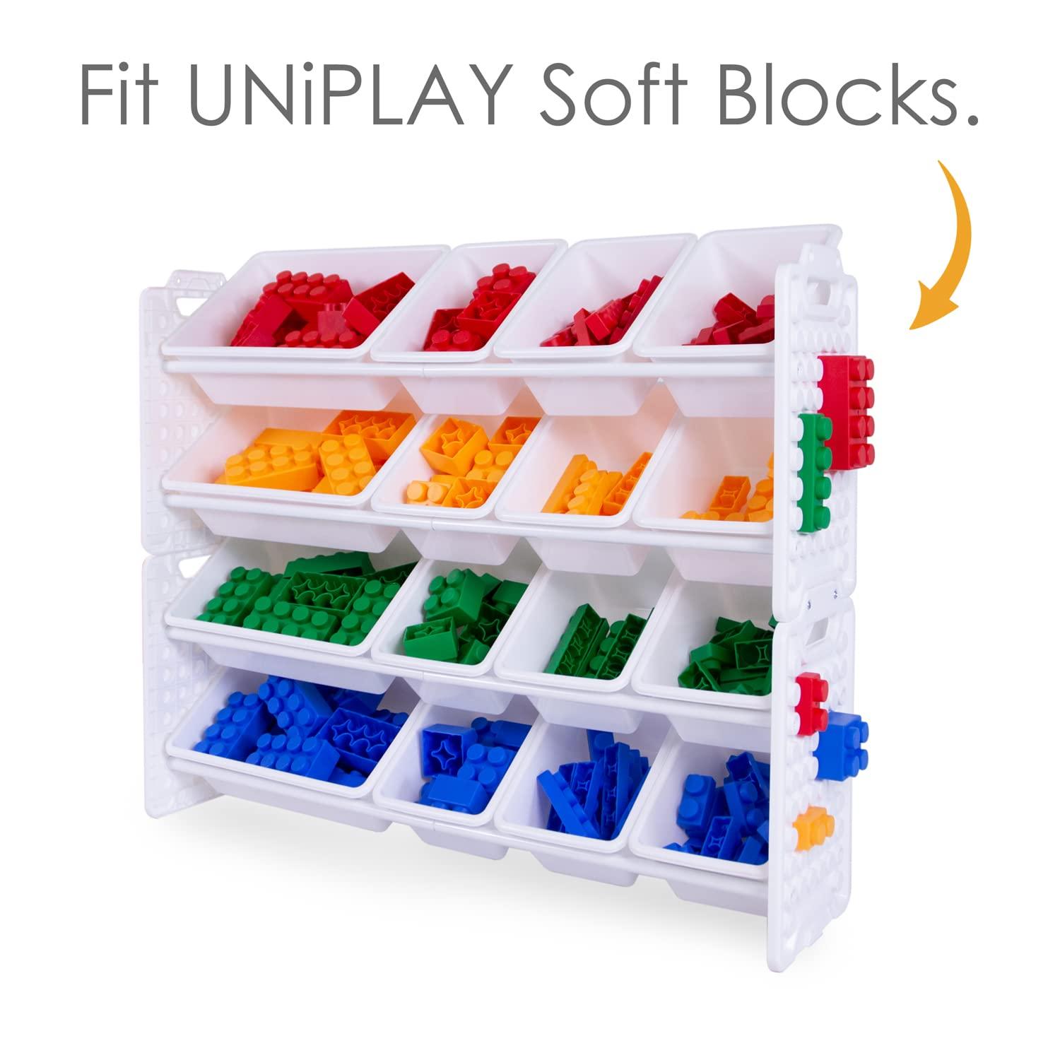 UNiPLAY Toy Organizer With 16 Removable Storage Bins, Multi-Bin Organizer for Books, Building Blocks, School Materials, Toys with Baseplate Board Frame (Primary)