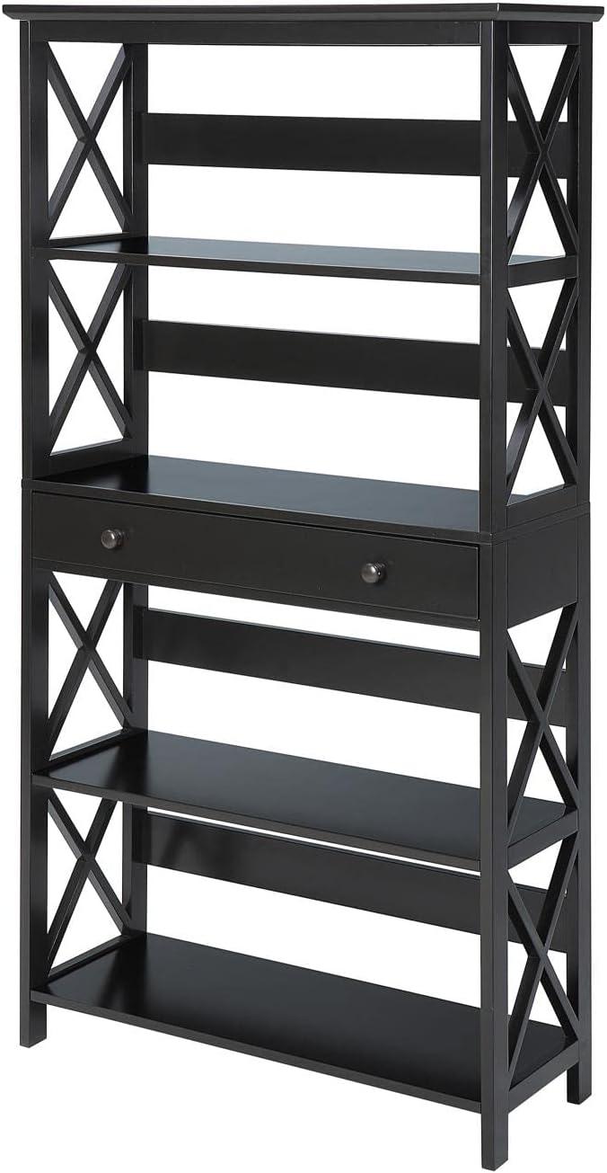 Modern Oxford Black Wood 5-Tier Bookcase with Concealed Drawer