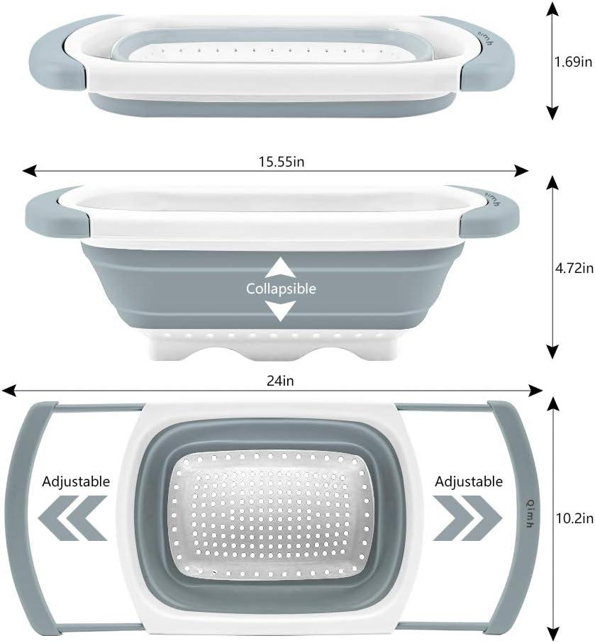 Gray and White Silicone Over-the-Sink Collapsible Colander with Extendable Handles