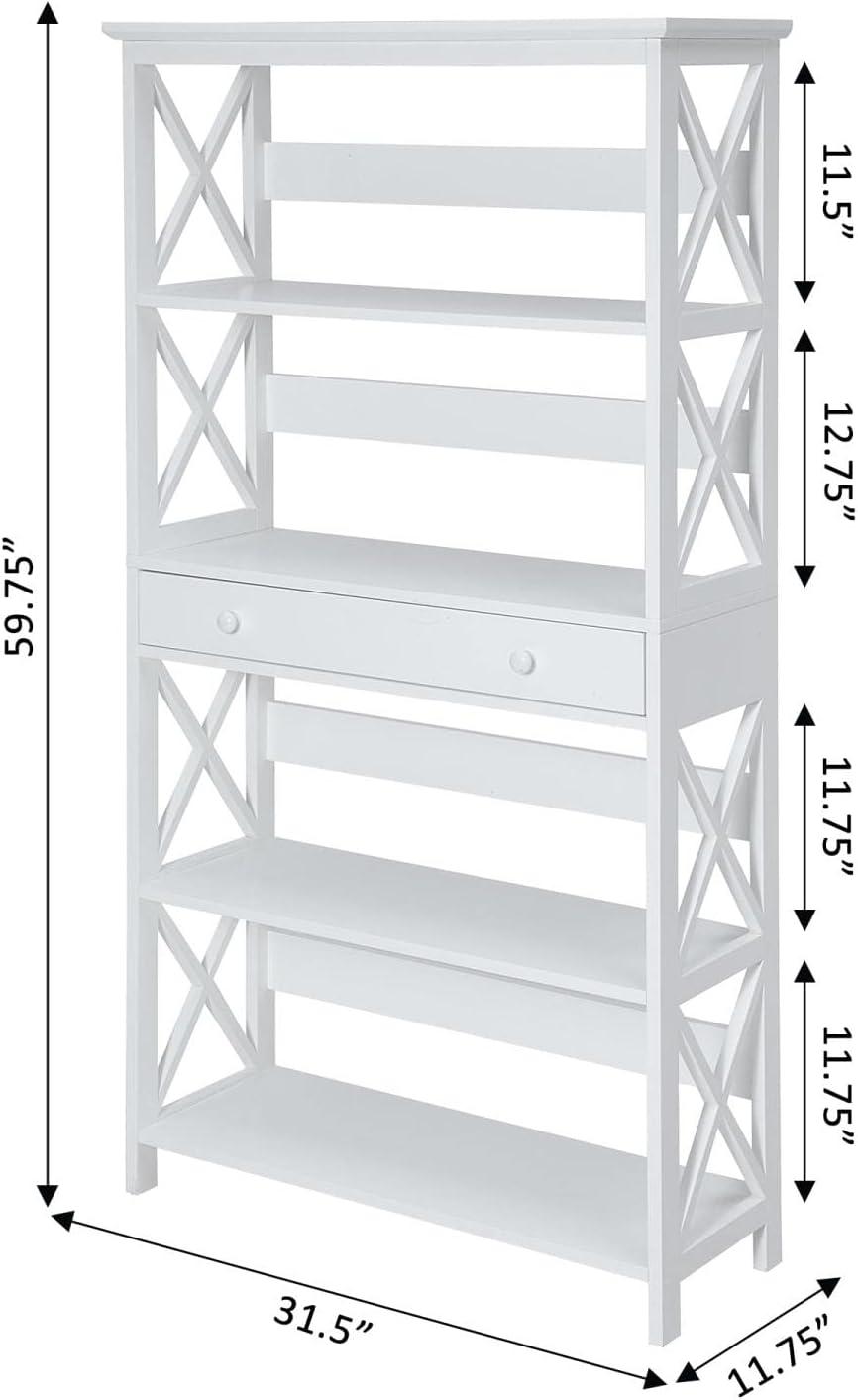 Oxford Elegance White Engineered Wood 5-Tier Bookcase with Drawer