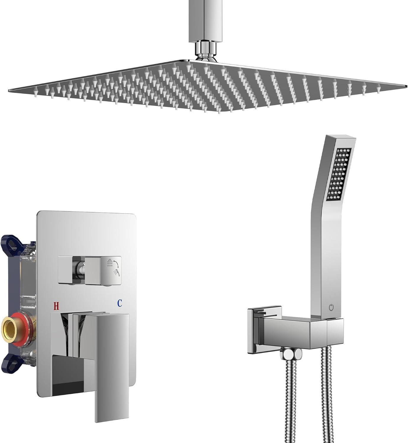FORIOUS Shower Head System, 12 Inch Rain Shower Faucet Set with Handheld Spray Combo Rough-in Valve, Solid Brass Pressure Balanced Valve Trim Kit, Ceiling Mount, Chrome