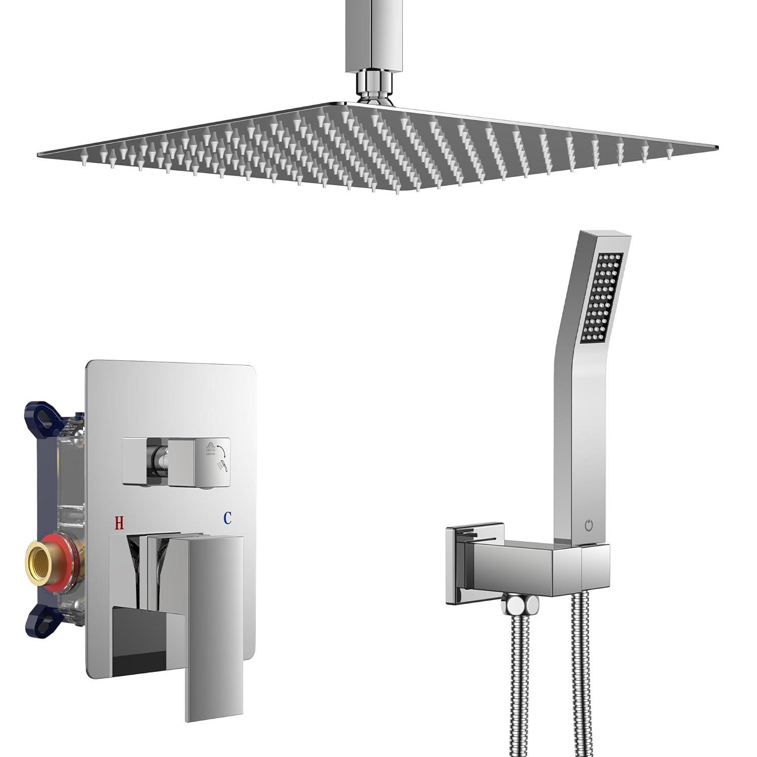 FORIOUS Shower Head System, 12 Inch Rain Shower Faucet Set with Handheld Spray Combo Rough-in Valve, Solid Brass Pressure Balanced Valve Trim Kit, Ceiling Mount, Chrome