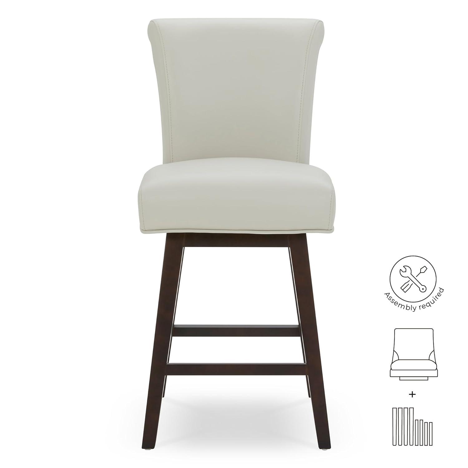 CHITA 26 in Upholstered Swivel Counter Bar Stools with Back&Wood Legs Set of 2, Faux Leather in Creamy Gray