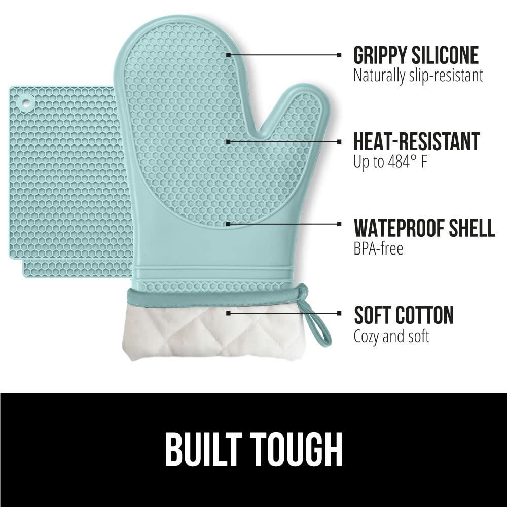 GORILLA GRIP Heat and Slip Resistant Silicone Oven Mitts and Trivet Set, Waterproof, Set of 4, Mint
