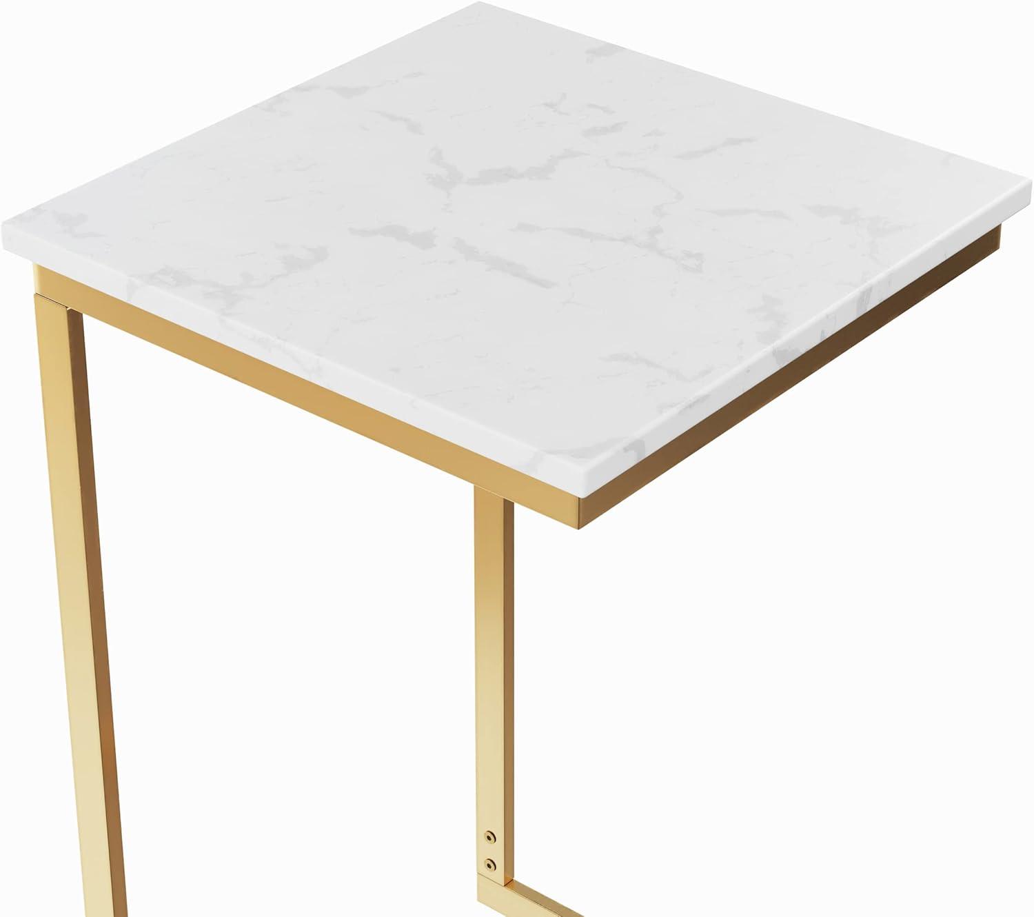C-Shaped End Table - Real Marble Side Table with Gold Iron Frame for Couch, Loveseat, or Bed - Modern Living Room Furniture by Lavish Home (White)