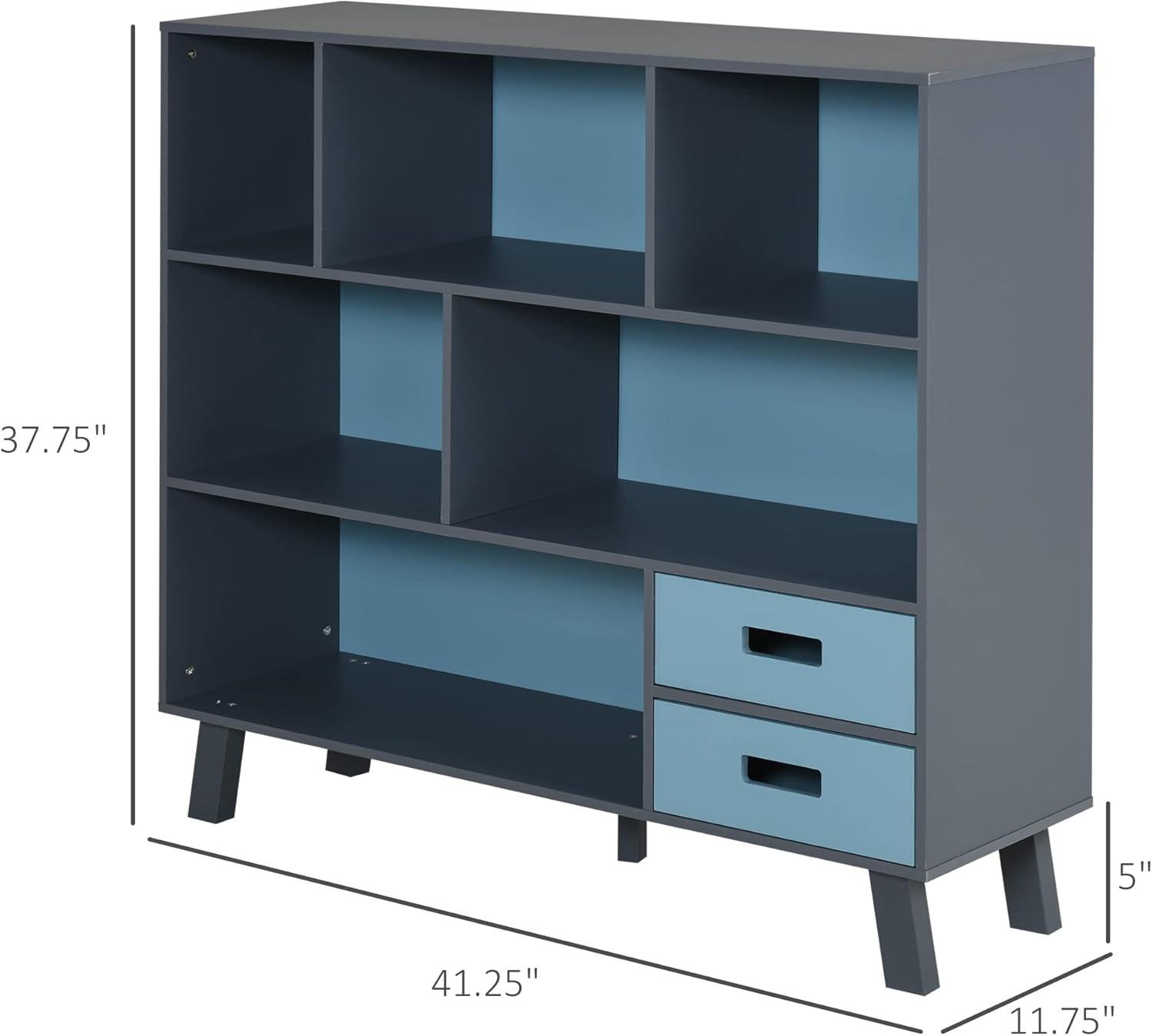 HOMCOM 3-Tier Child Bookcase Open Shelves Cabinet Floor Standing Cube Storage Organizer with Drawers - Dark Blue