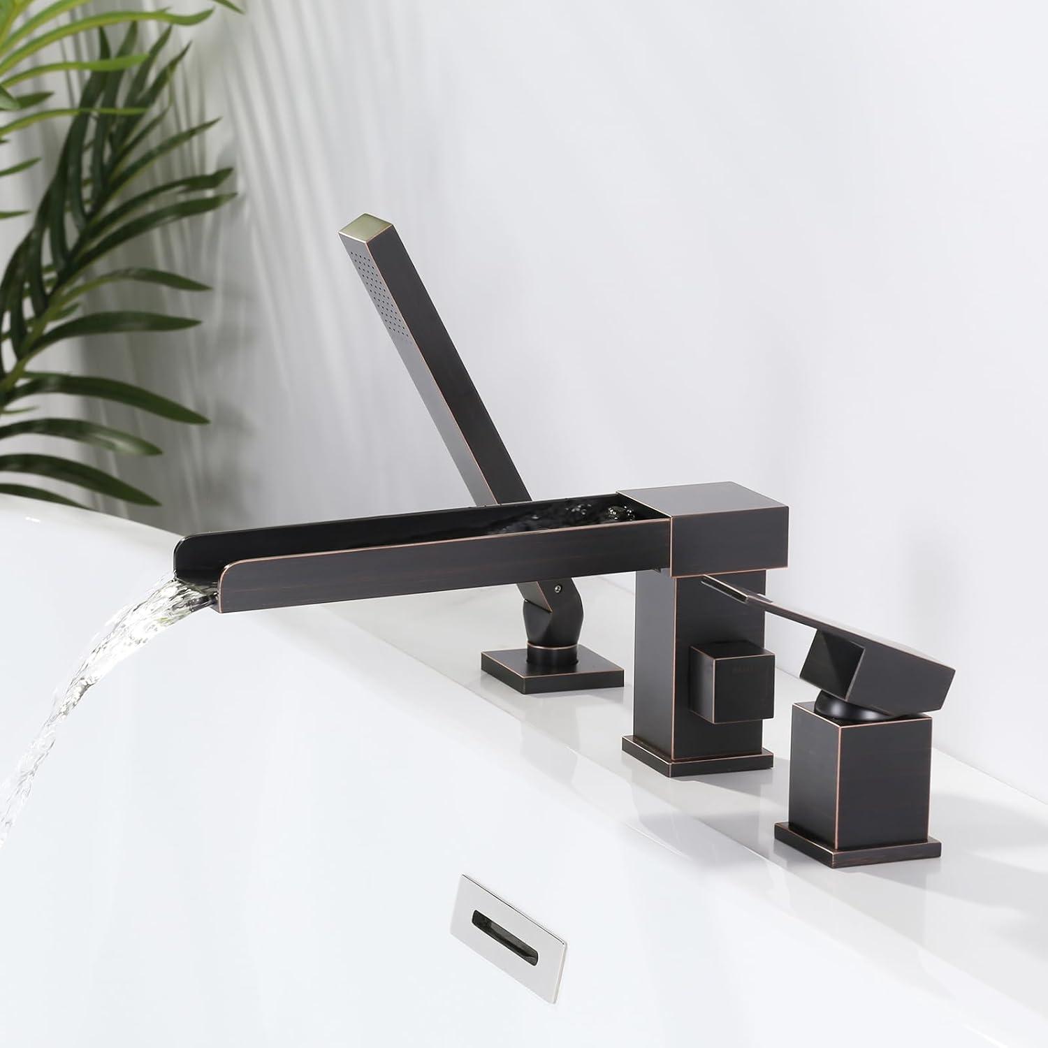 Oil Rubbed Bronze Waterfall Roman Tub Faucet Set with Hand Shower