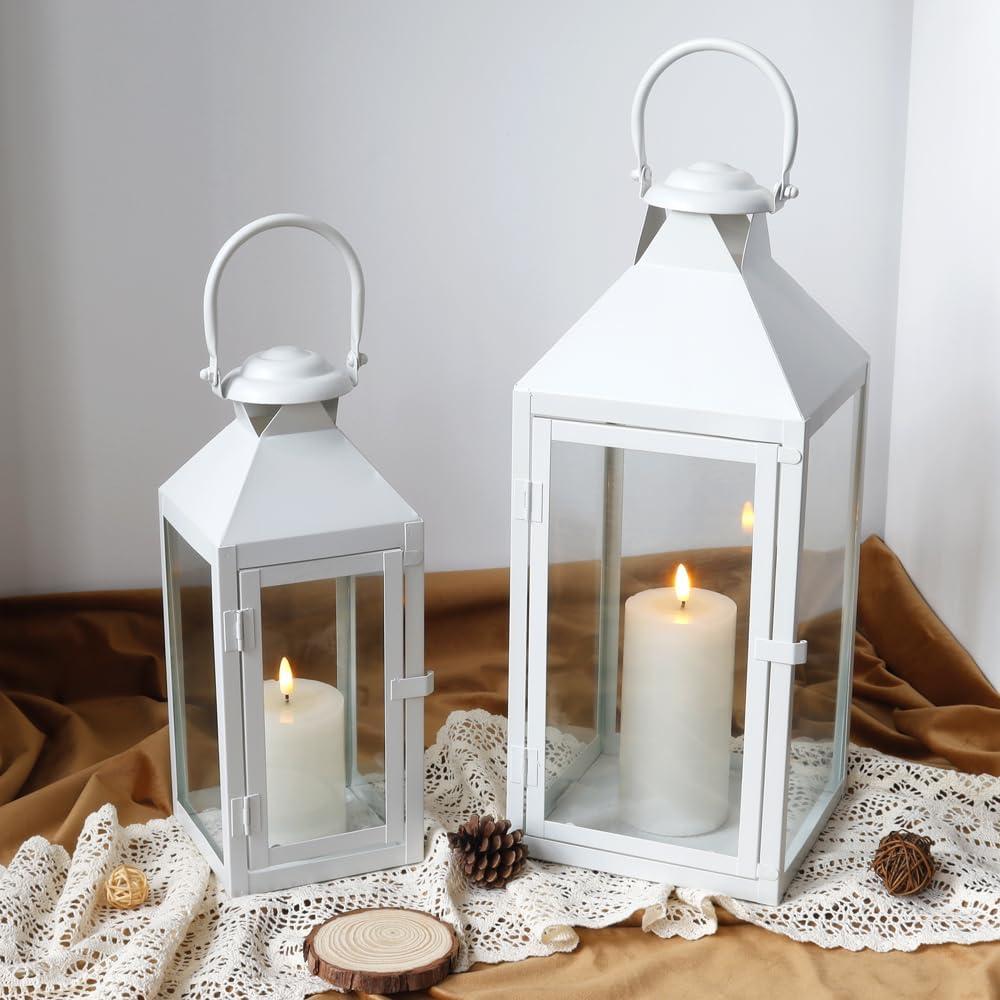 White Metal and Glass Tabletop Hanging Candle Lantern Set