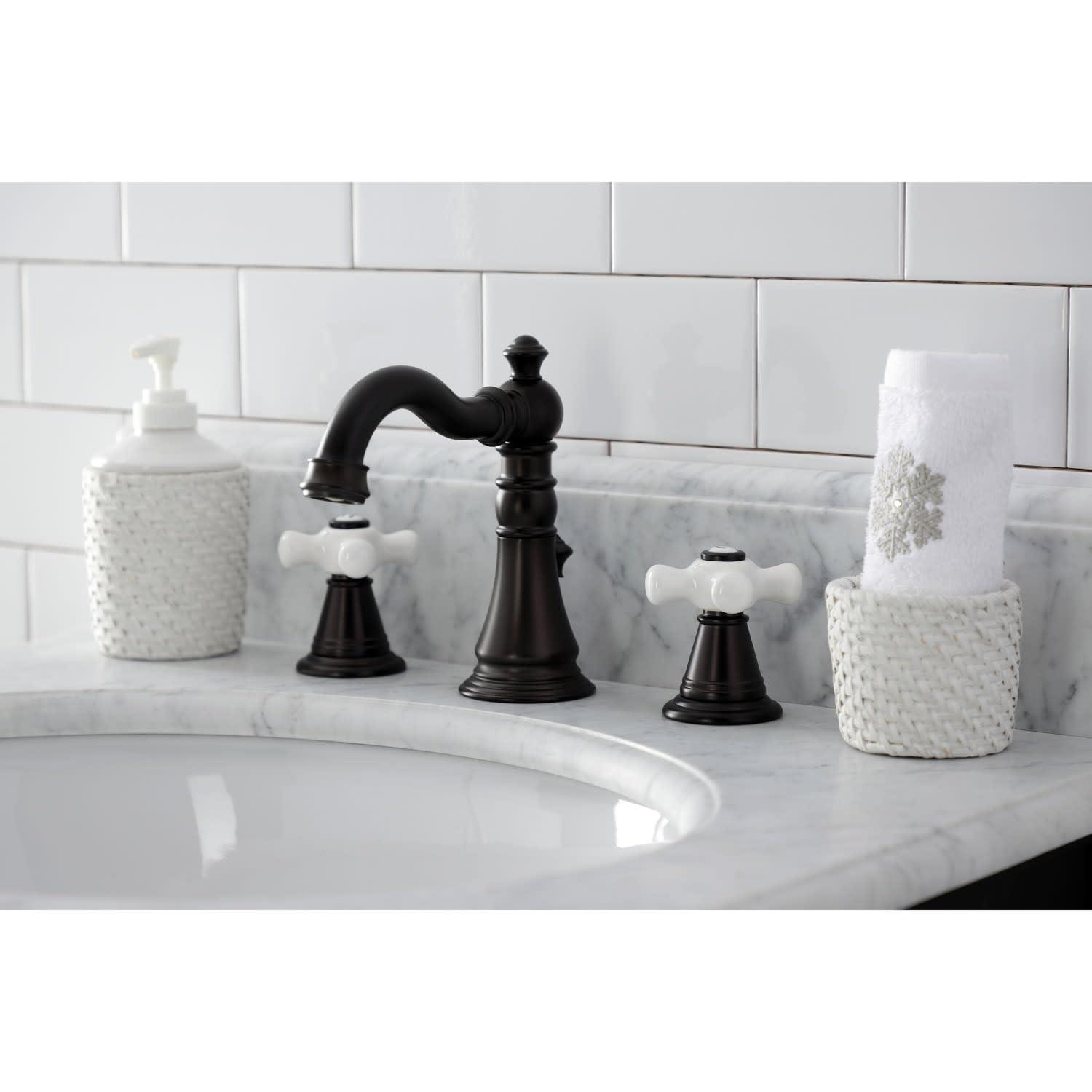 Kingston Brass American Classic Two-Handle 3-Hole Deck Mount Widespread Bathroom Faucet with Pop-Up Drain