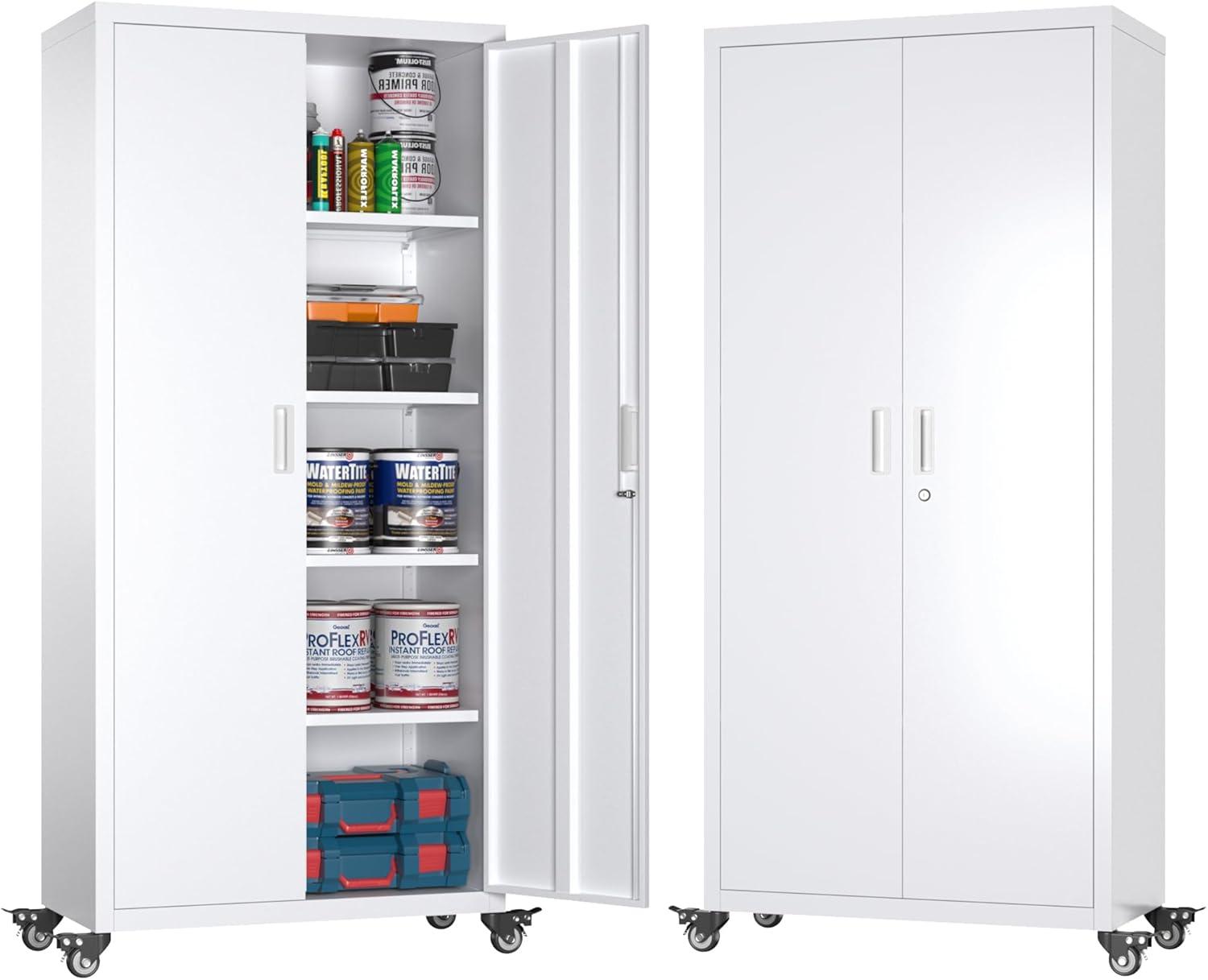 Aobabo Metal Storage Cabinet with Wheels & Pegboards,Office Storage Cabinet with Lock & Shelves,72'' H Steel Garage Cabinet for Office Home Storage,White Required-Assembly
