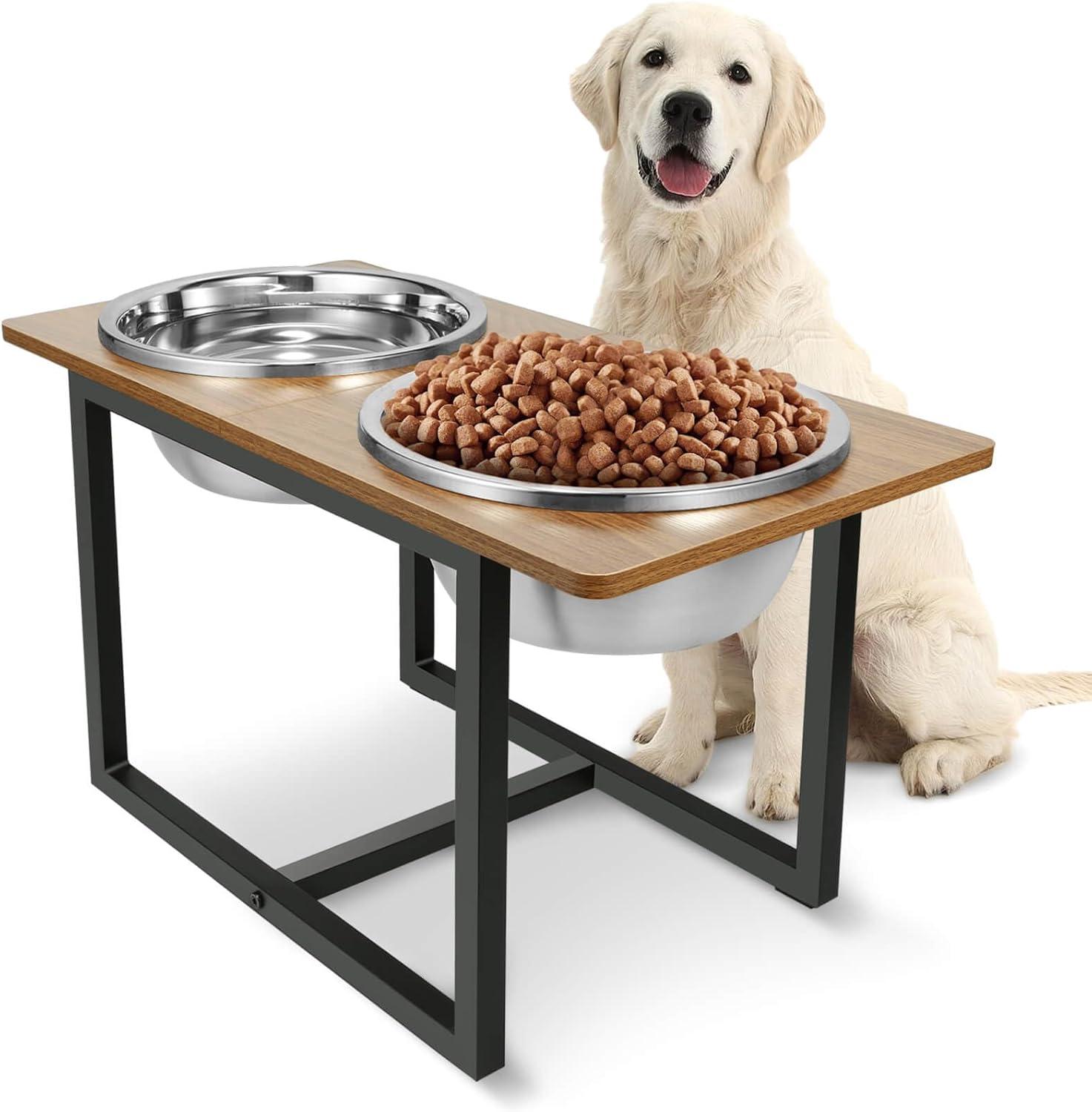 Rustic Brown Elevated Dog Bowl Stand with Stainless Steel Bowls