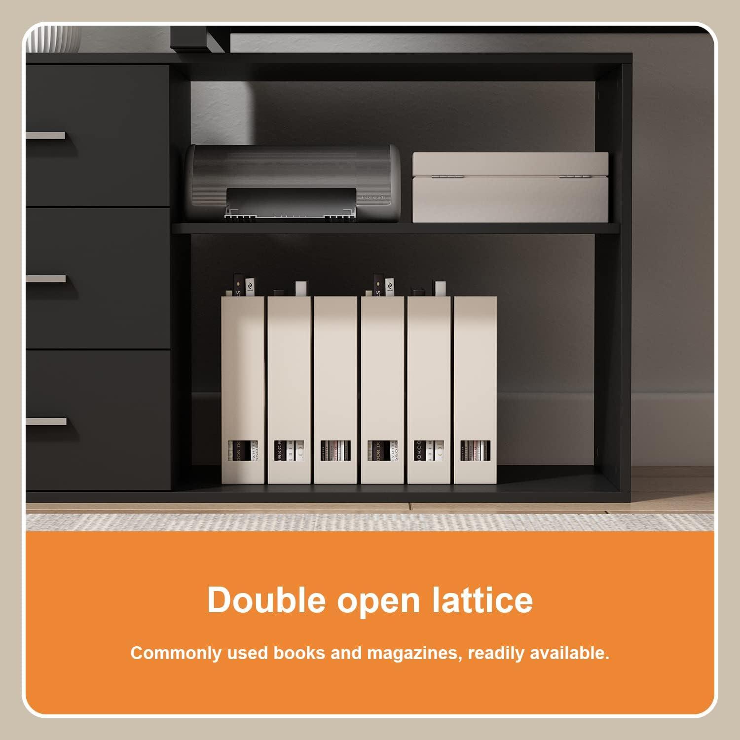 KULAGAGA L Shaped Computer Desk Corner Writing Workstation Table with Cabinet Drawer Storage for Home Office Study, Black