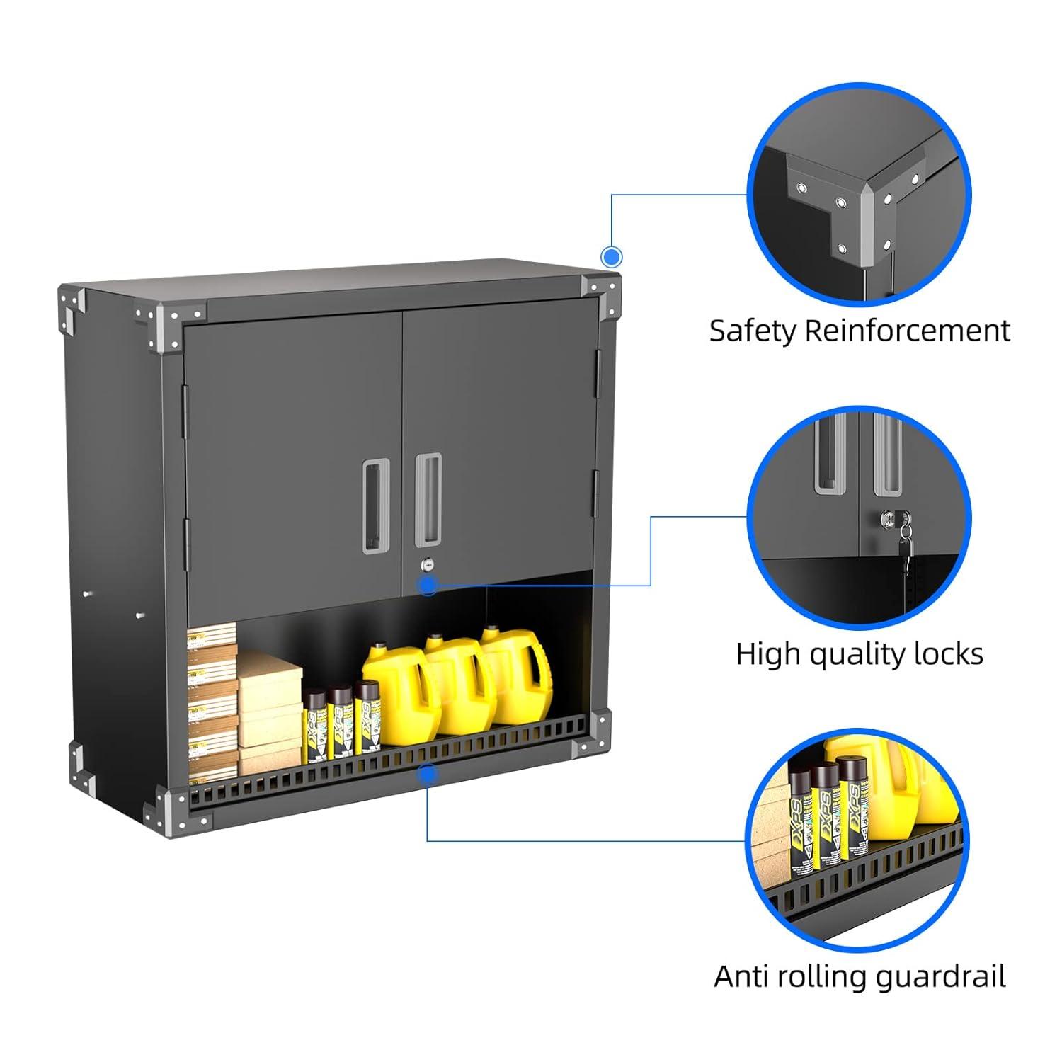 AOBABO Metal Garage Wall Mounted Storage Cabinet with Locking Door, Shelf, and Opened Drawer for Warehouse and Office Organization, Black