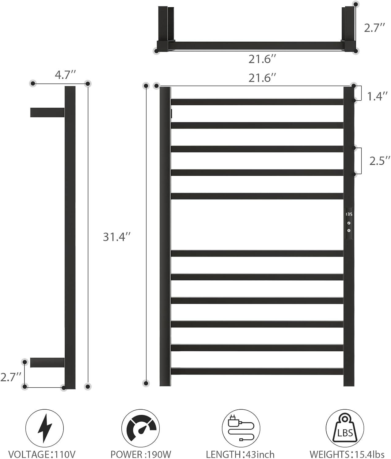 Towel Warmer, Heated Towel Warmer Rack, Wall-Mounted Hardwired/Plug-in Electric Towel Warmers for Bathroom, Hot Towel Rails - Matte Black