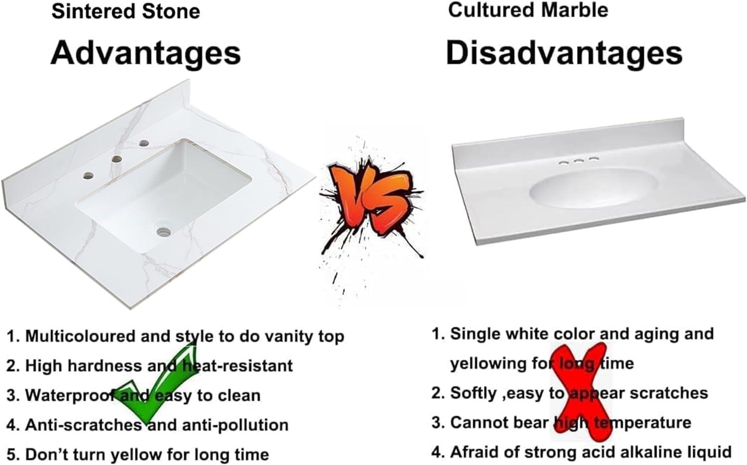 43" Bathroom Vanity Top with Ceramic Undermount Sink & Backsplash,Carrara Gold Sintered Stone Counter Top, 3 Holes Vanity Sink Top