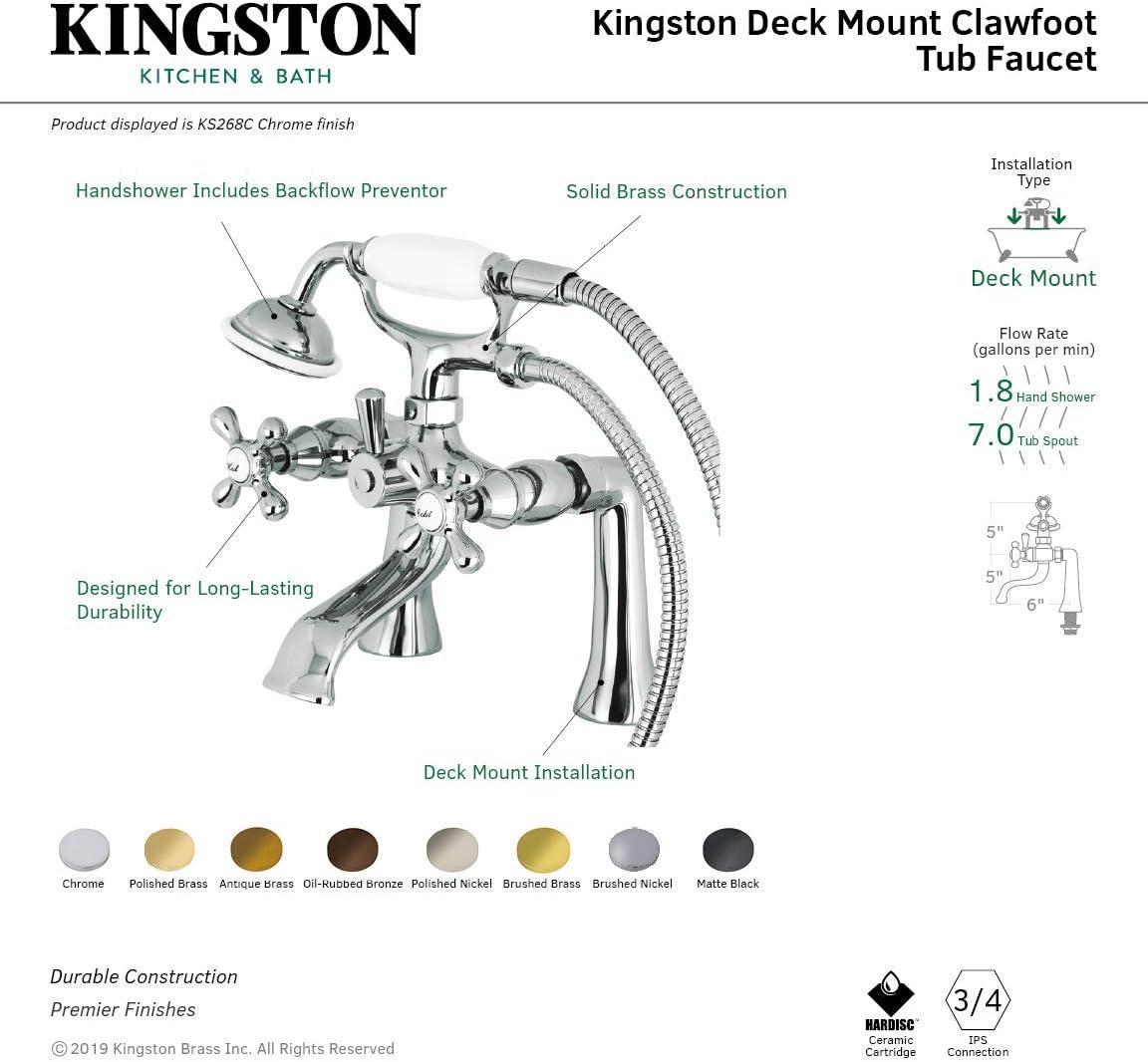 Kingston Brass KS268C Kingston Brass Kingston Three-Handle 2-Hole Deck Mount Clawfoot Tub Faucet with Hand Shower