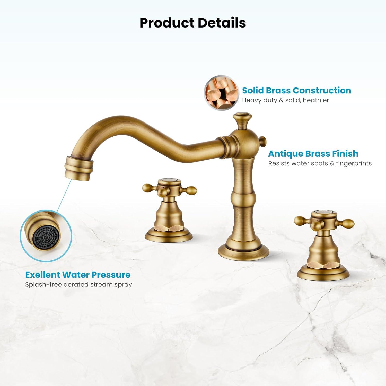 gotonovo Bathroom Faucet 3 Hole 8 Inch Widespread Bathroom Sink Faucet 2 Cross Handles Vintage Lavatory Vanity Mixer Tap with Pop Up Drain, H C Label, Antique Brass