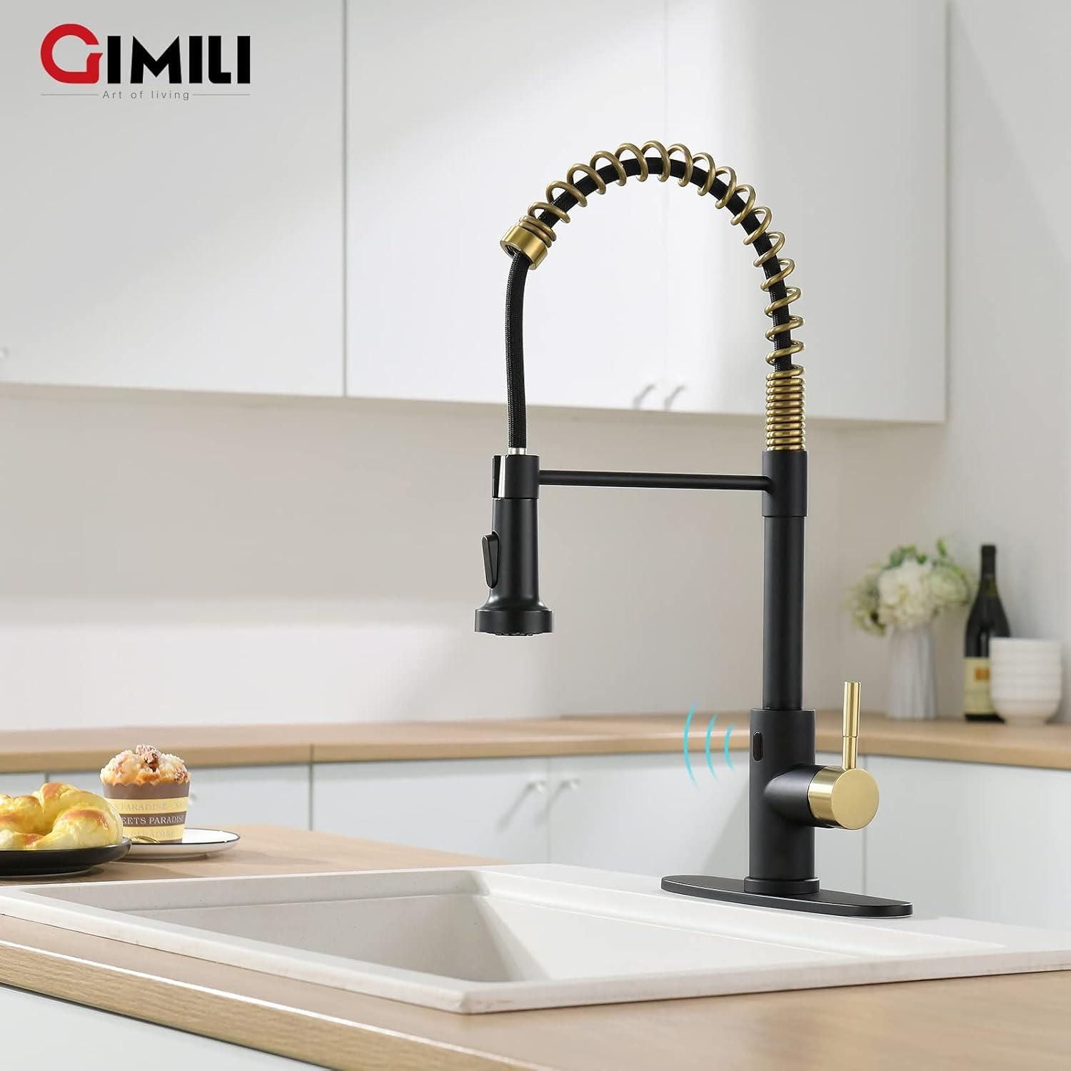 GIMILI Black and Gold Touchless Kitchen Faucet with Pull Down Sprayer Motion Sensor Smart Hands-Free Activated Single Hole Spring Faucet for Kitchen Sink