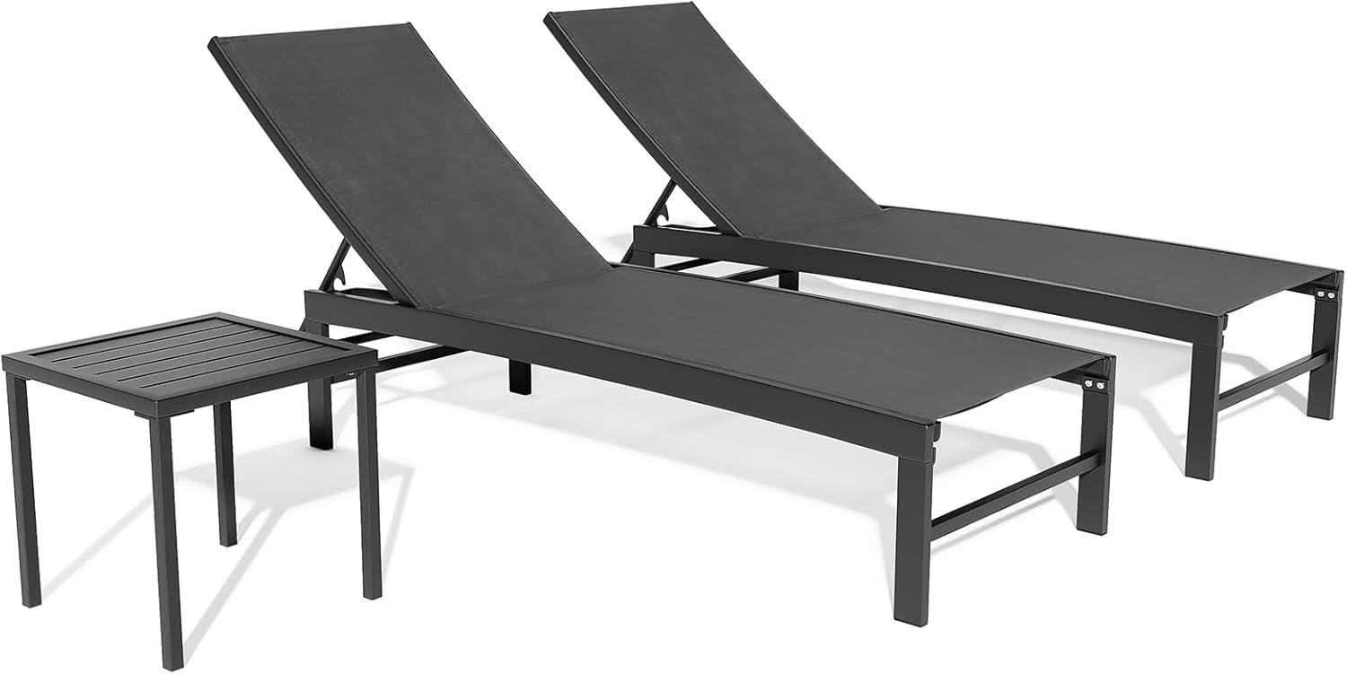 3pc Outdoor Five Position Adjustable Curved Aluminum Lounge Set Brown - Crestlive Products: Weather-Resistant Patio Furniture Set with Side Table