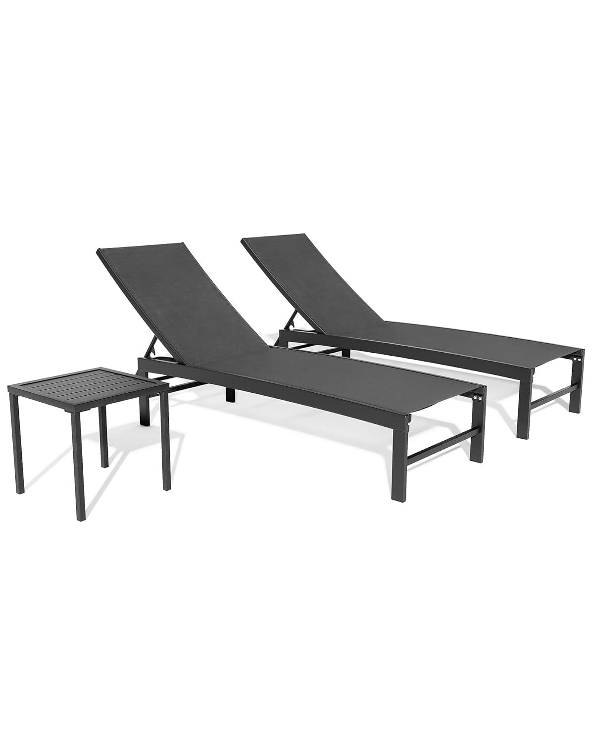 3pc Outdoor Five Position Adjustable Curved Aluminum Lounge Set Brown - Crestlive Products: Weather-Resistant Patio Furniture Set with Side Table