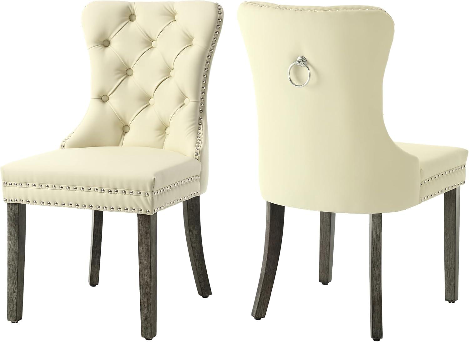 BELLEZE Upholstered Dining Chairs Set of 2, Velvet Luxury Dining Room Chairs with Button Back, Nailhead Trim, Pull-ring, Solid Wood Legs for Kitchen, Living Room, Restaurant - Chandler (Beige)