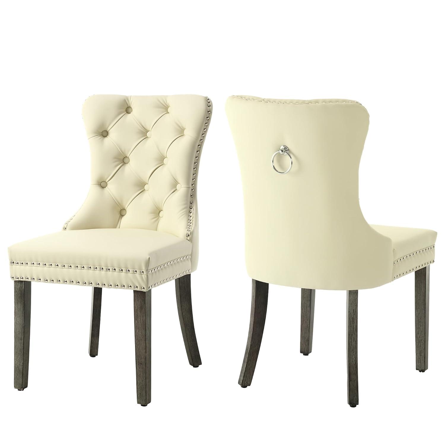 BELLEZE Upholstered Dining Chairs Set of 2, Velvet Luxury Dining Room Chairs with Button Back, Nailhead Trim, Pull-ring, Solid Wood Legs for Kitchen, Living Room, Restaurant - Chandler (Beige)
