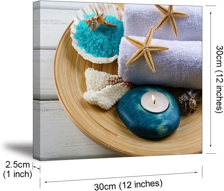 SPA Wall Art Decor for Bedroom, SZ Still Life Canvas Prints of Blue Sands, Candles & Stones, Massage Treatment Pictures (Waterproof Artwork, 1" Thick, Bracket Mounted Ready to Hang)
