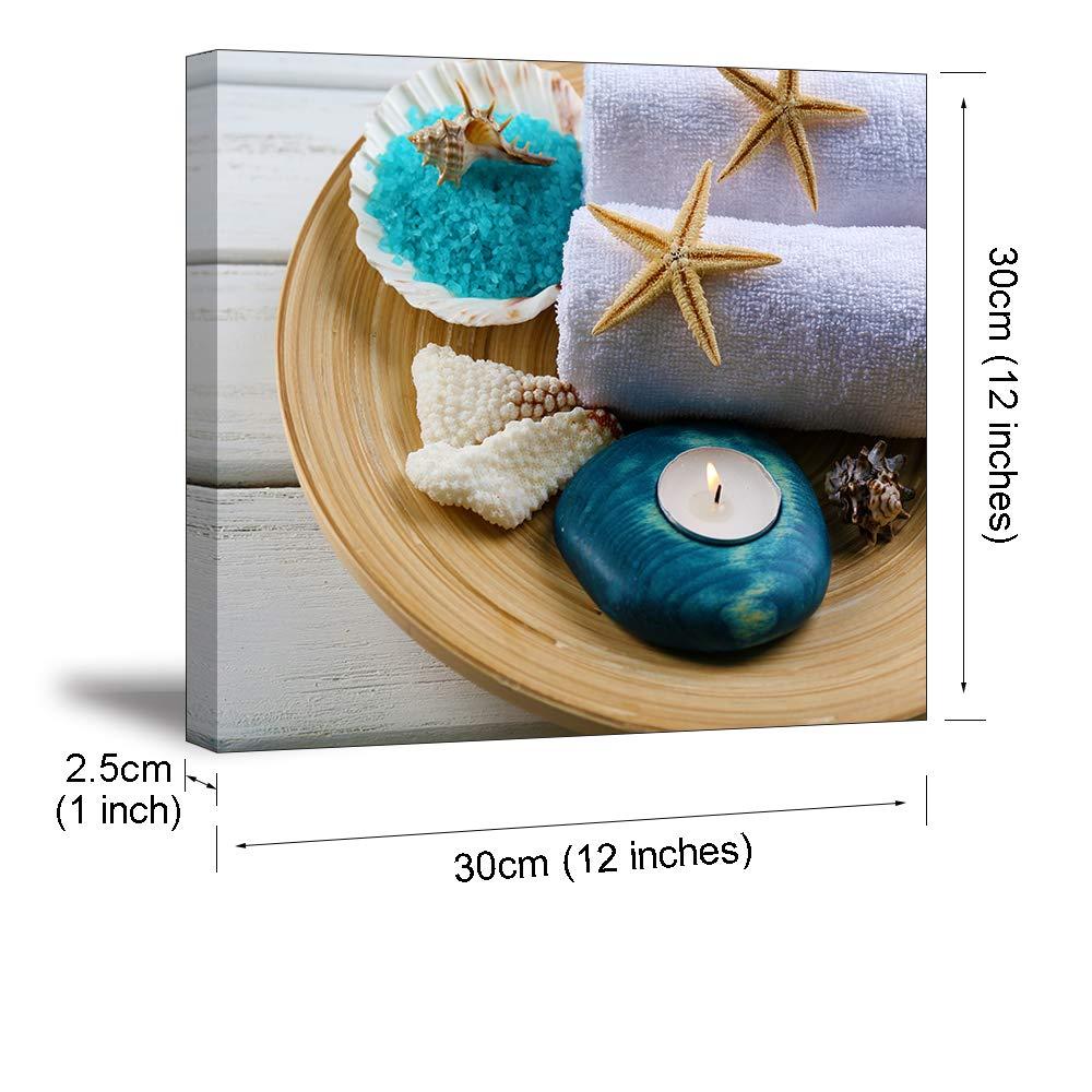 SPA Wall Art Decor for Bedroom, SZ Still Life Canvas Prints of Blue Sands, Candles & Stones, Massage Treatment Pictures (Waterproof Artwork, 1" Thick, Bracket Mounted Ready to Hang)