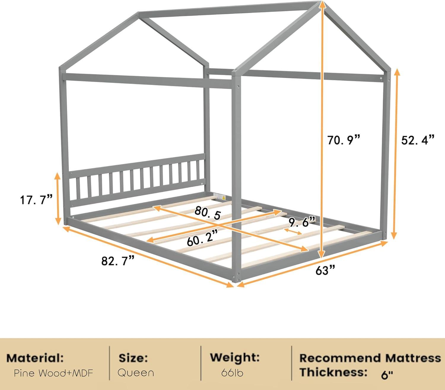 Queen House Bed with Roof Wood Montessori Floor Beds for Kids Wood House Floor Bed Frame for Girls Boys Teens Adults, No Spring Box Needed, Gray