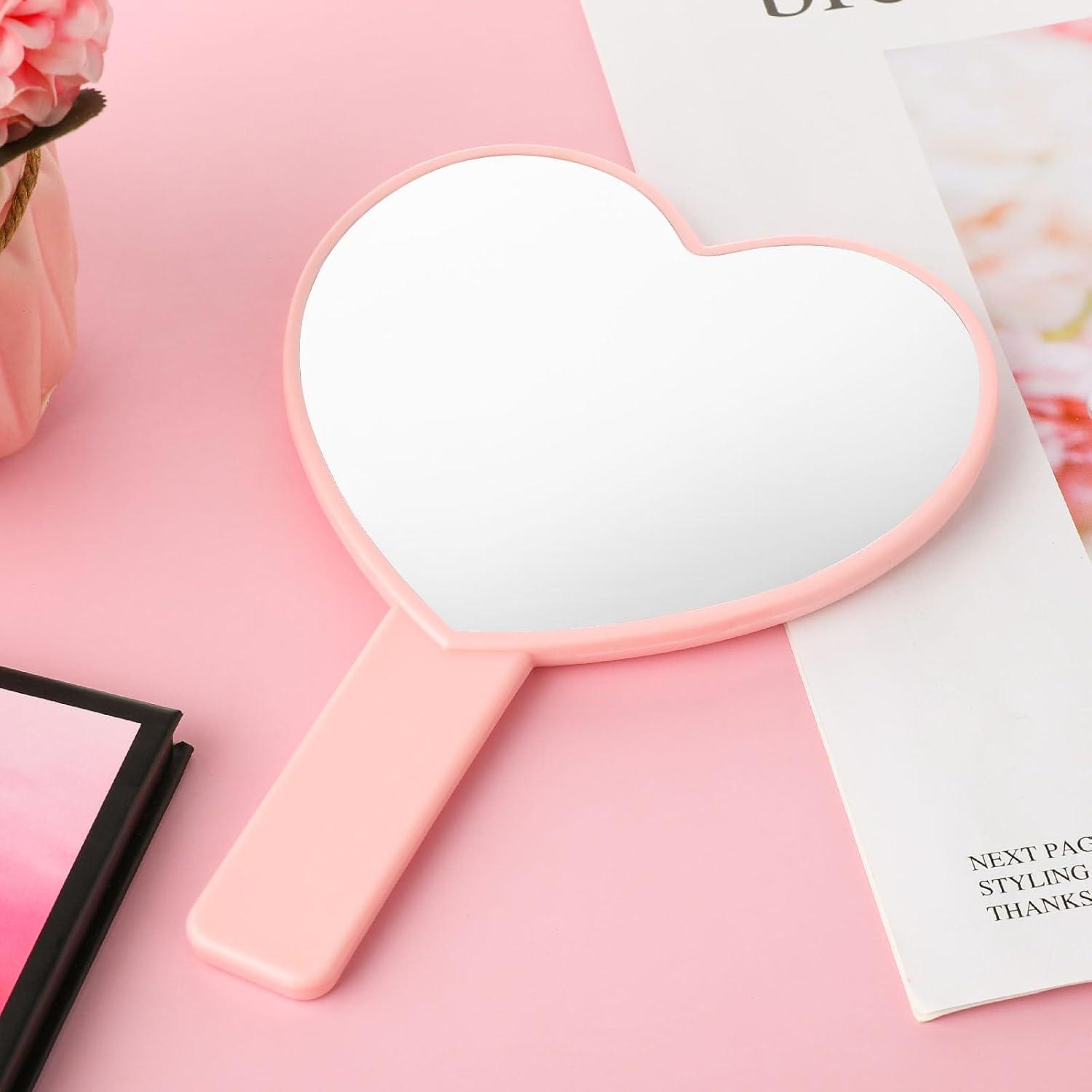 Heart-Shaped Travel Handheld Mirror, Cosmetic Hand Mirror with Handle Pink