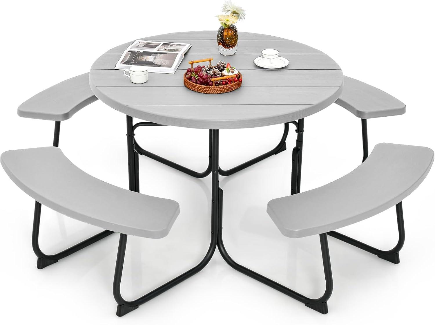 Costway Outdoor 8-person Round Picnic Table Bench Set with 4 Benches & Umbrella Hole Green