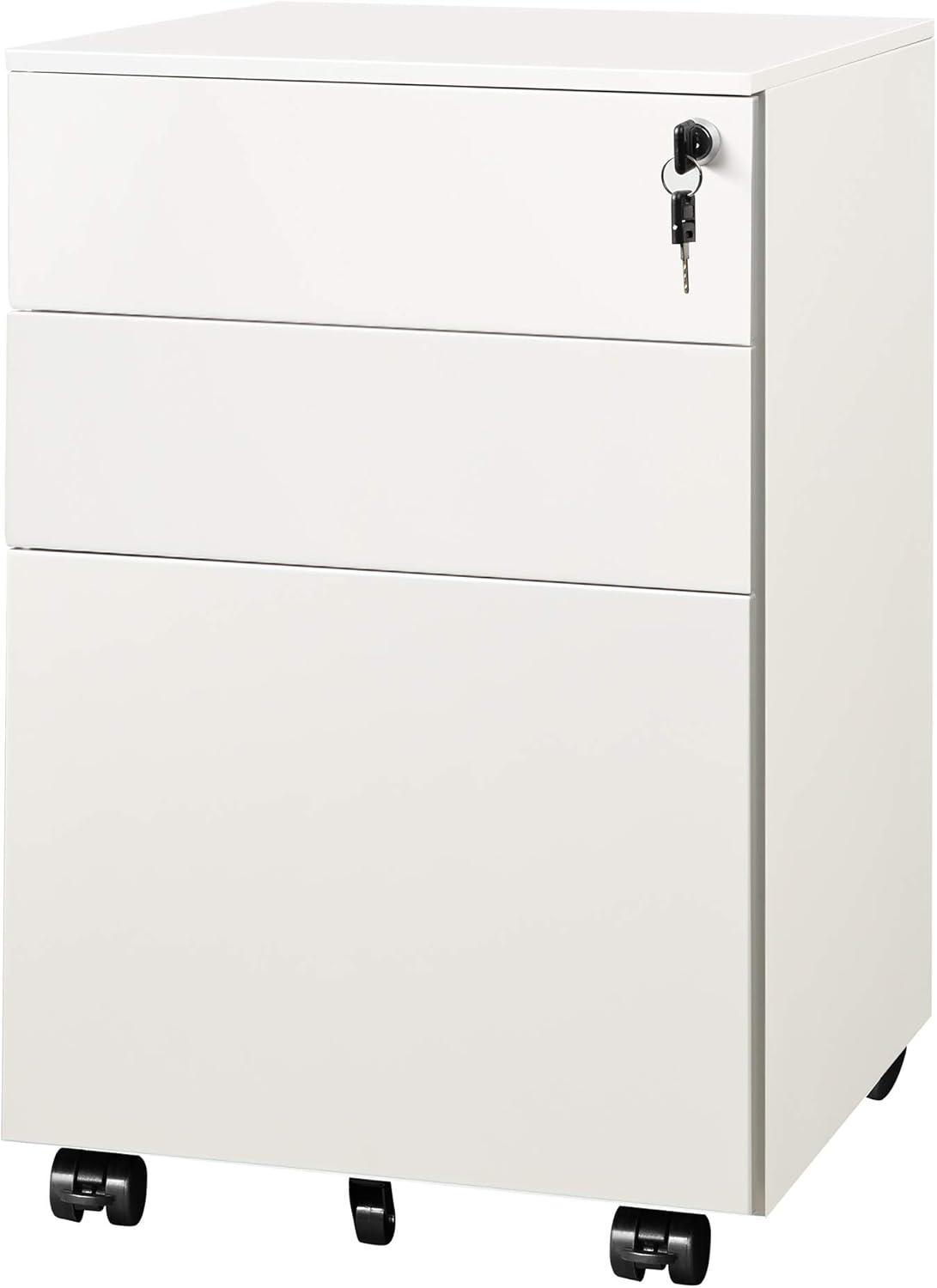 Locking File Cabinet, 3 Drawer Rolling Pedestal Under Desk Office, Fully Assembled Except Casters, White