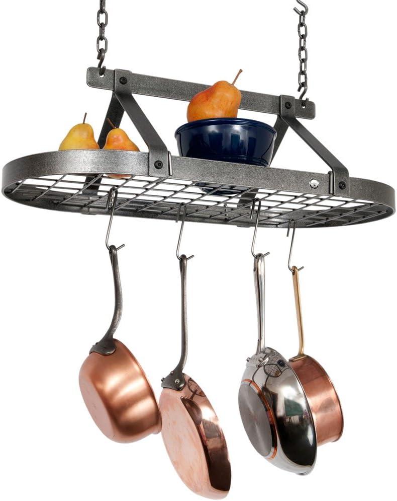 Hammered Steel Oval Ceiling Pot Rack with Hooks