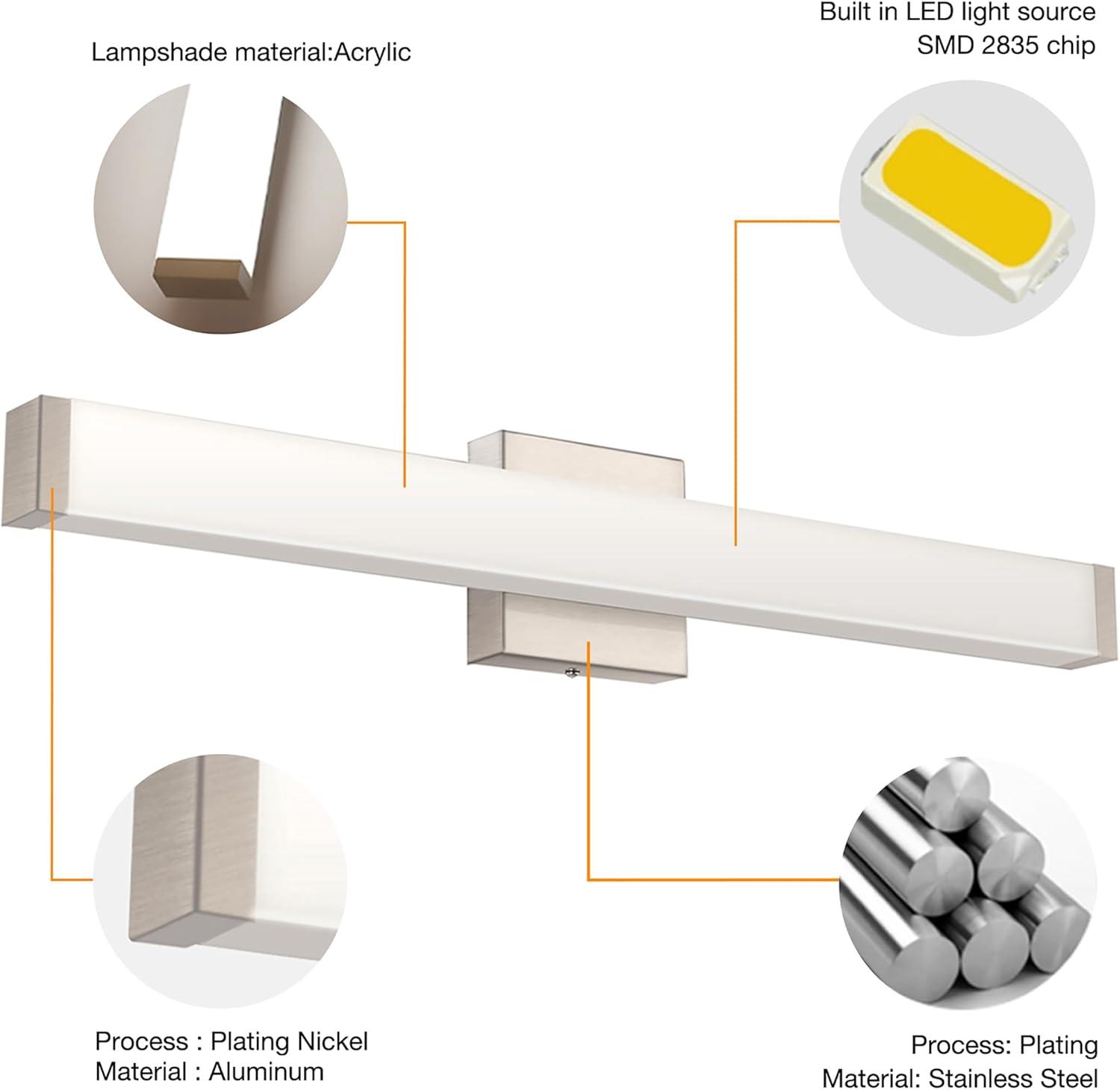 Bathroom Vanity Light Brushed Nickel Square LED 24 inch 14W 4000K Natural White Light Wall Bar Lighting Fixtures Over Mirror