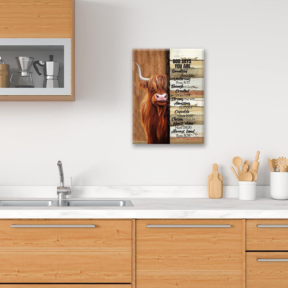 Farmhouse Highland Cow Decor Wall Art Farm Cow Inspirational Quotes God Says You are Pictures Wall Decor Canvas Painting Prints Artwork Decorations Framed for Bathroom Bedroom Kitchen 12"x16"