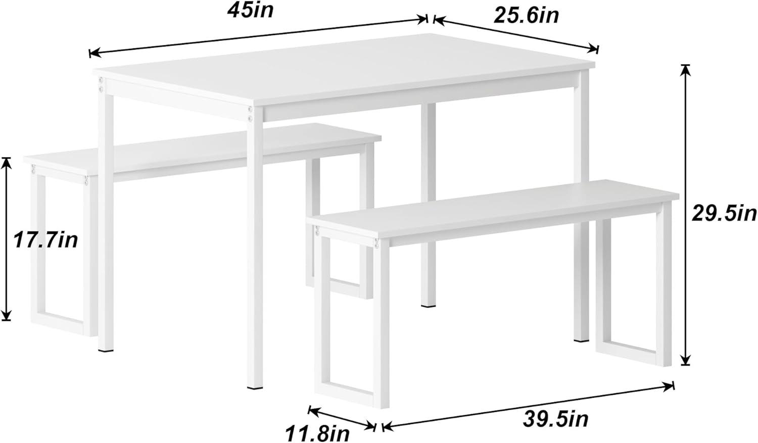 SogesPower Modern Dining Table Set with 2 Benches, 3 Piece Dining Table Set- White