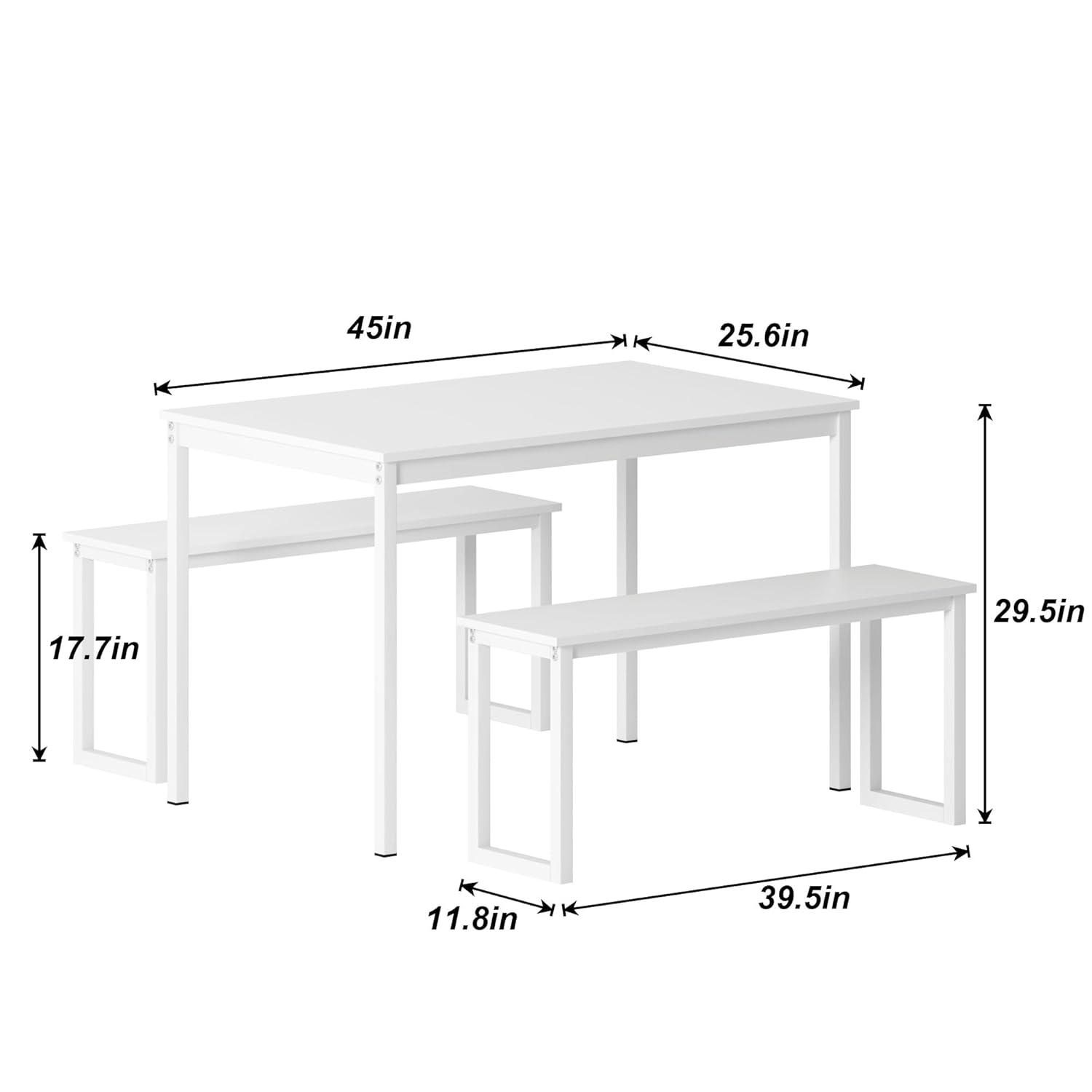 SogesPower Modern Dining Table Set with 2 Benches, 3 Piece Dining Table Set- White