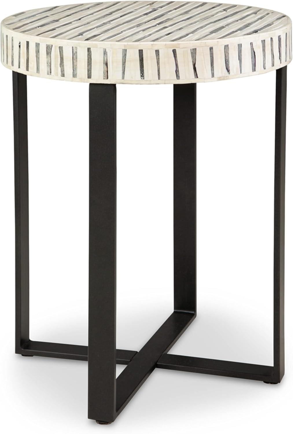 Transitional Round Black and Cream Wood Metal Accent Table