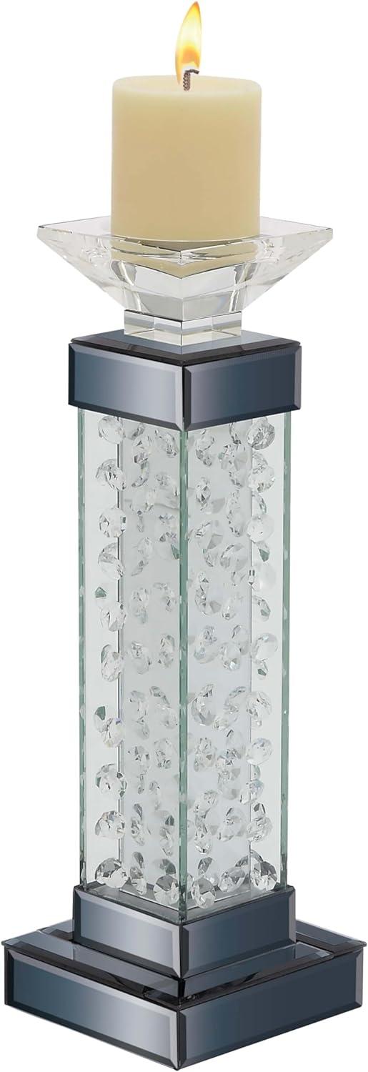 DecMode Silver Glass Pillar Candle Holder with Floating Crystals